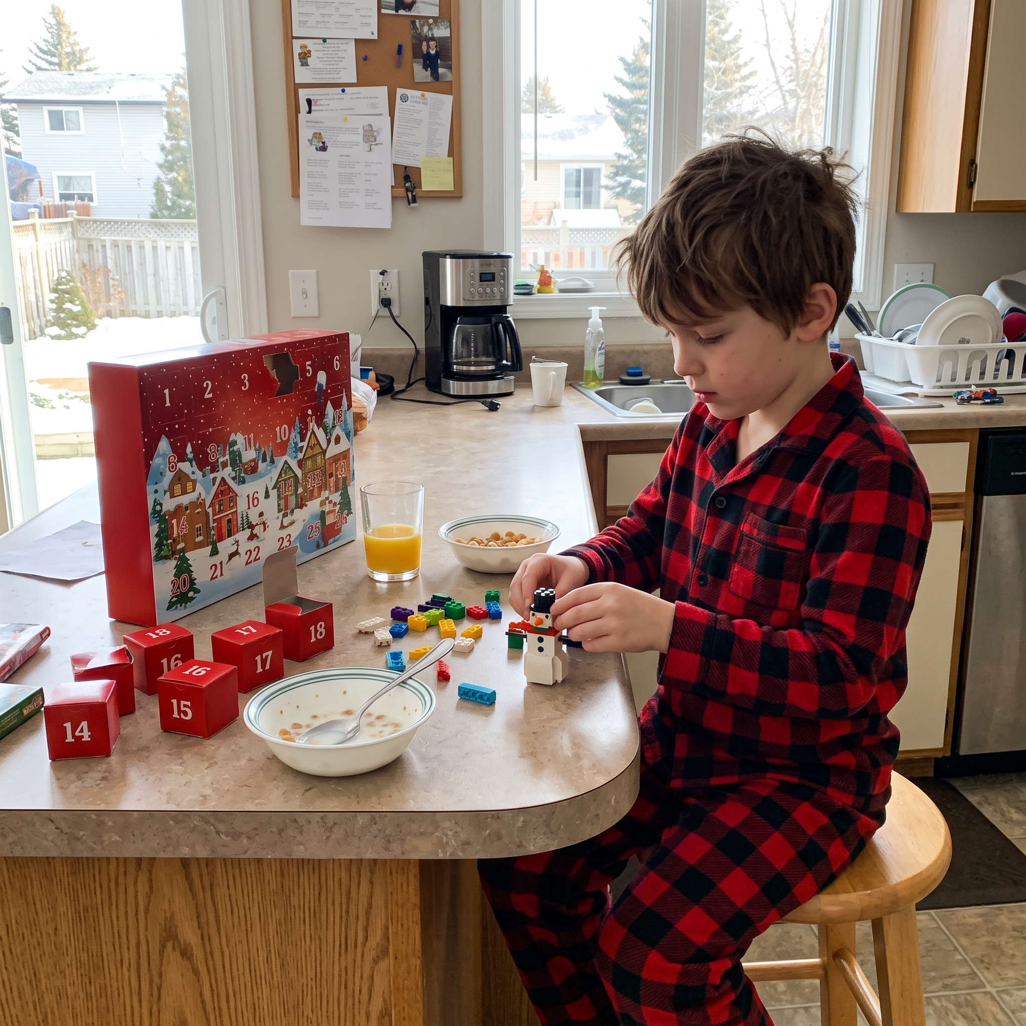 Kid building his Prairie advent calendar mini build at the kitchen counter