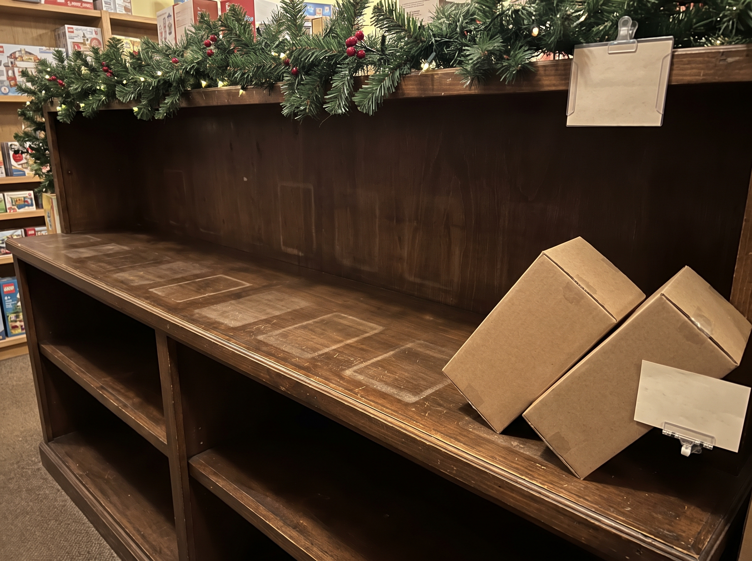 The brick calendar shelf, picked clean by Halloween