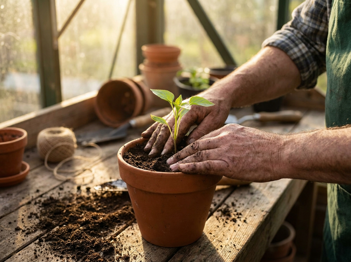 Gärtnerin topft eine Jungpflanze ein