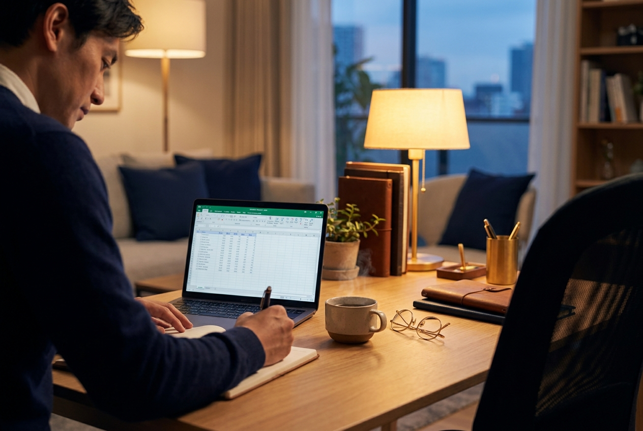 Person ordnet abends ihre Finanzen am Laptop
