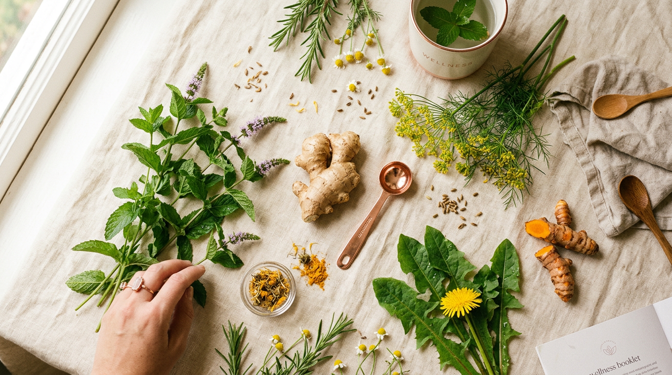 Fresh herbs flat lay including peppermint, fennel, ginger, and turmeric