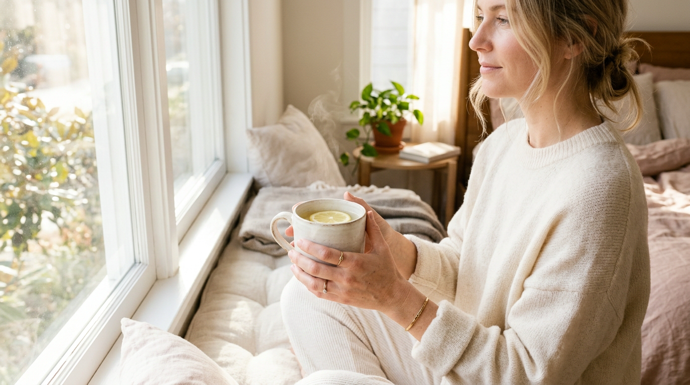 Woman's hands holding a warm mug of lemon water near a sunny window