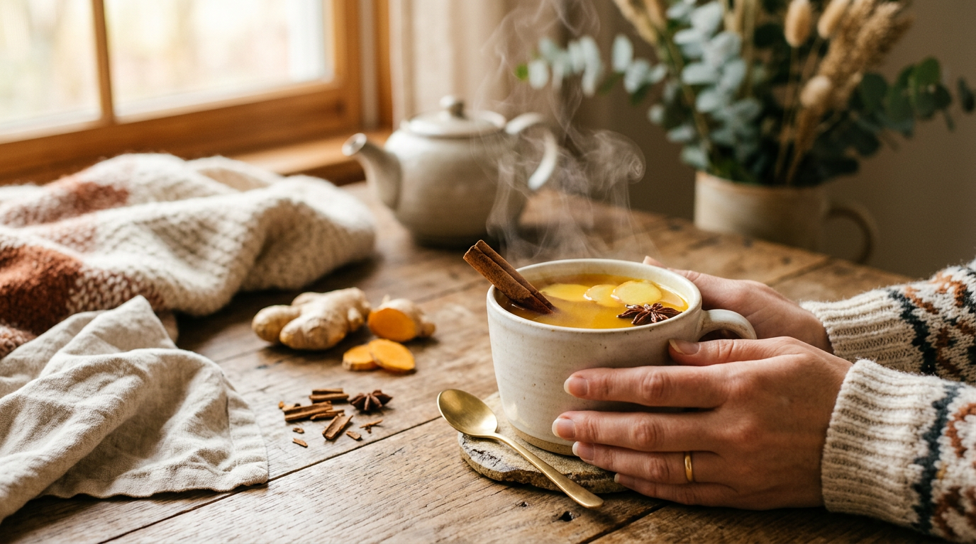 Mug of golden ginger turmeric tea with cinnamon stick and fresh ginger