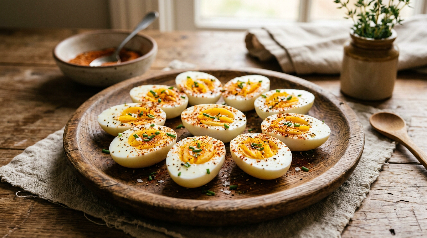 Cajun seasoned boiled eggs halved on a rustic wooden plate