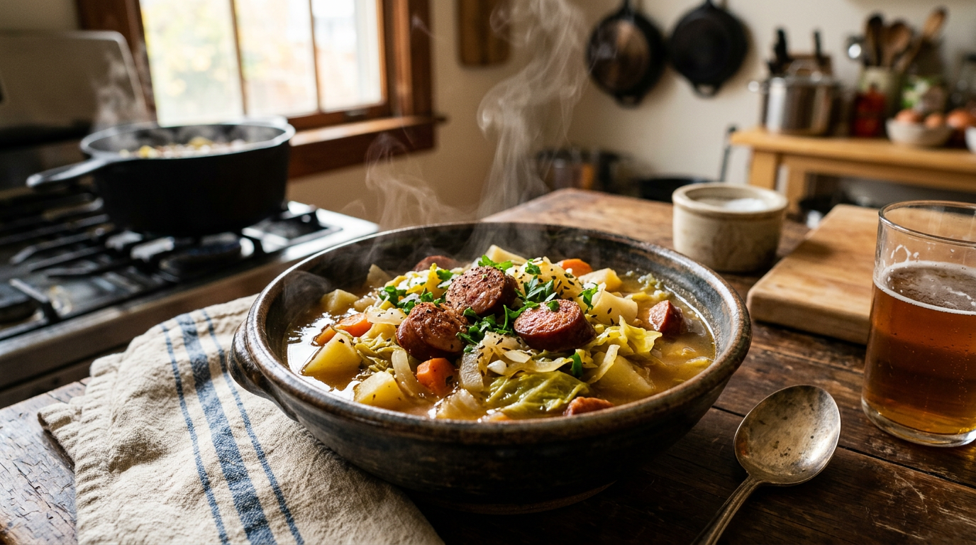 One-pot cabbage and smoked sausage boil in a rustic bowl