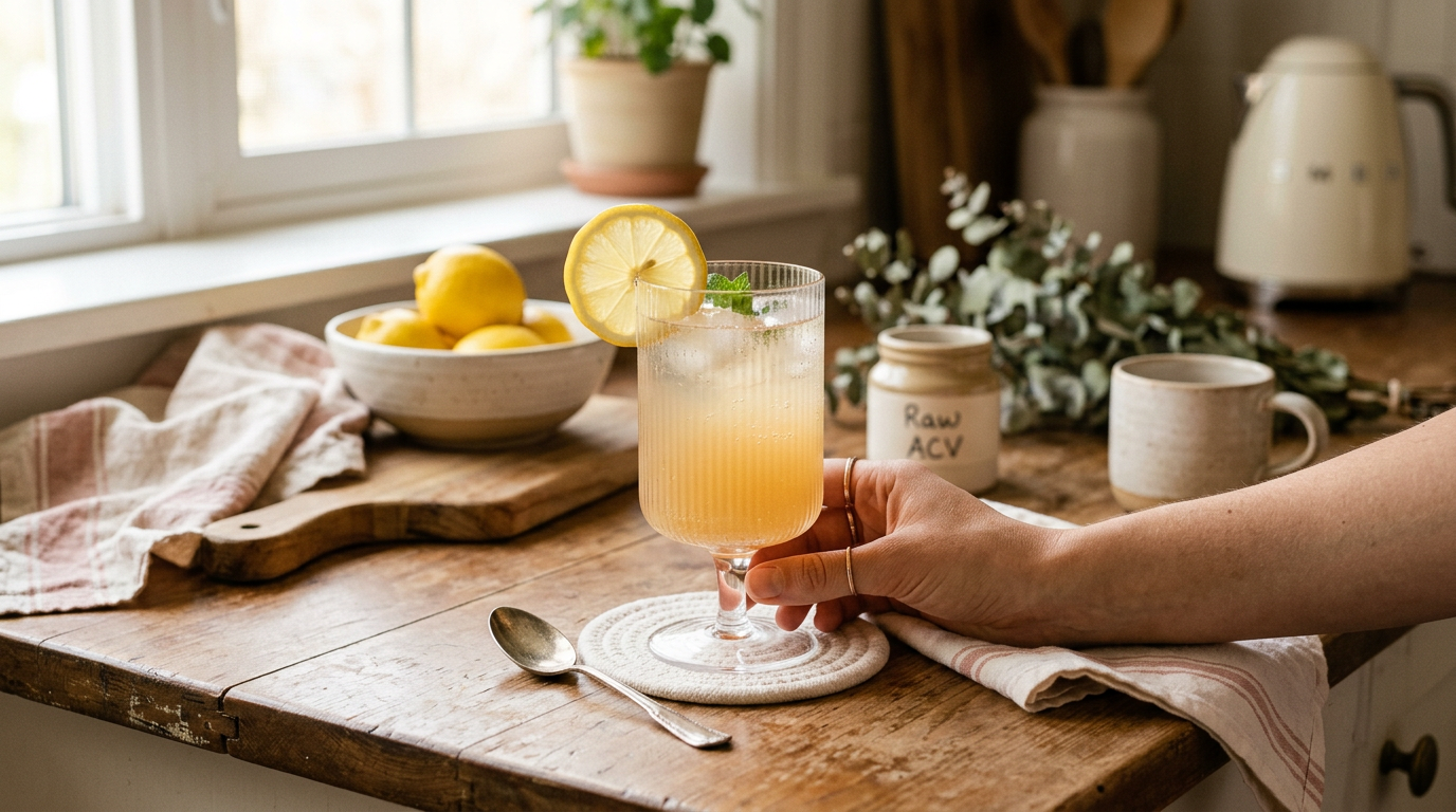 Glass of apple cider vinegar drink with lemon slice on a wooden kitchen counter
