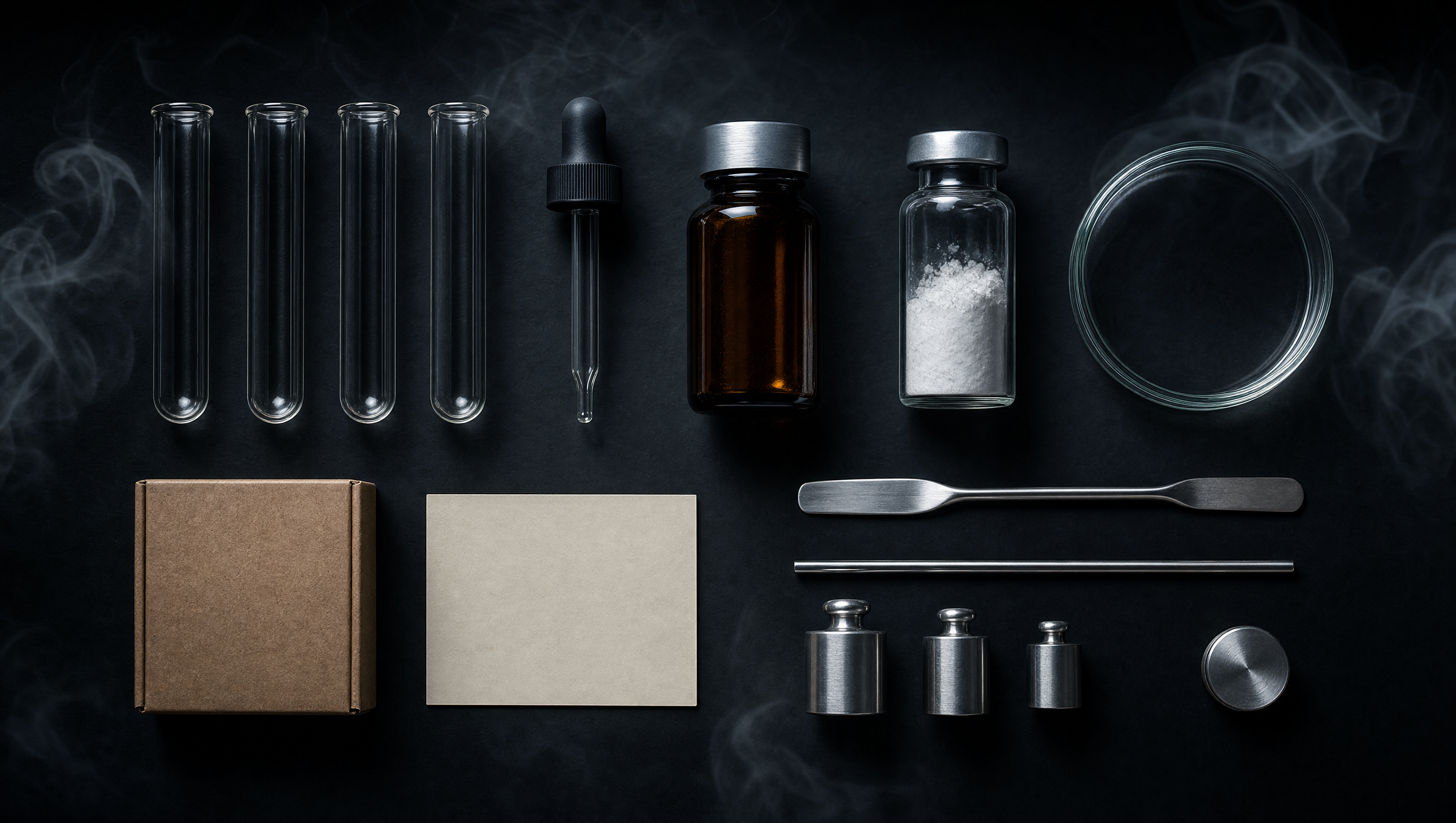 THE ALT/LAB laboratory still life — knolling composition of glass vials, dropper, amber bottle, weights, and apothecary objects on near-black with smoke