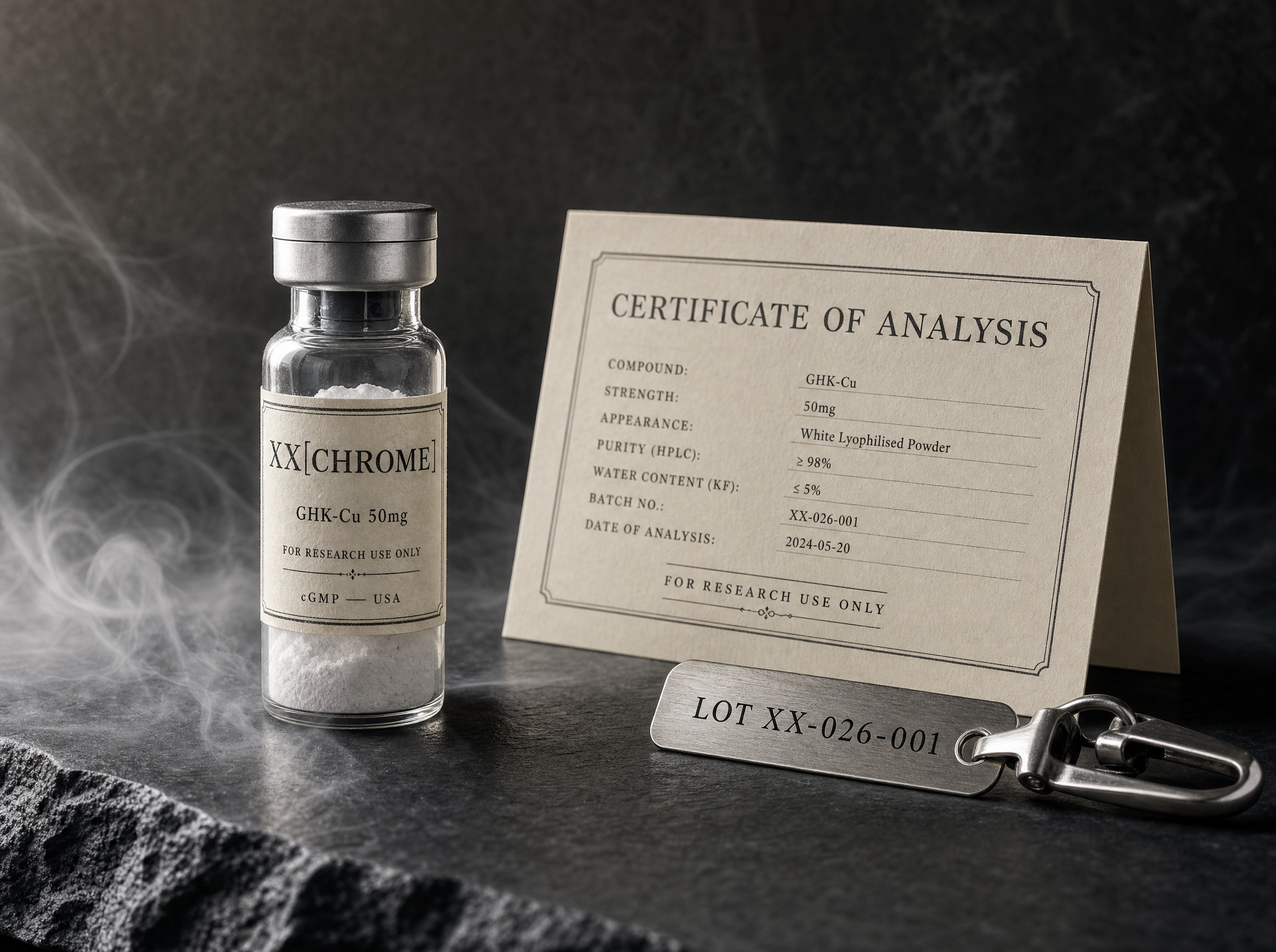 THE ALT/LAB sterile lyophilised vial with apothecary label, Certificate of Analysis card, and engraved batch-tag clip on a dark stone surface with drifting smoke