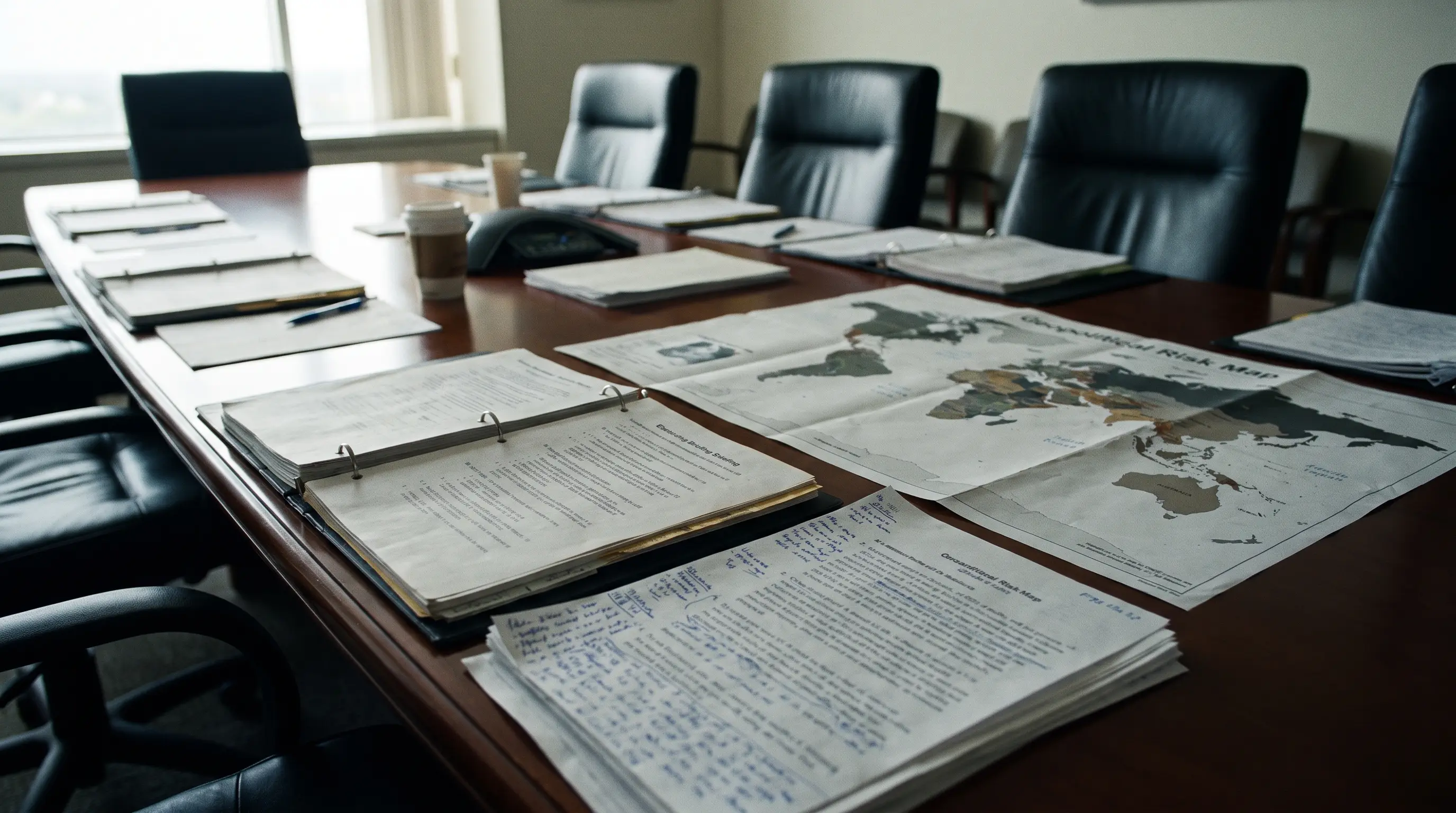 How to Build a Board-Ready Geostrategic Risk Briefing — empty boardroom table with governance documents and handwritten margin notes