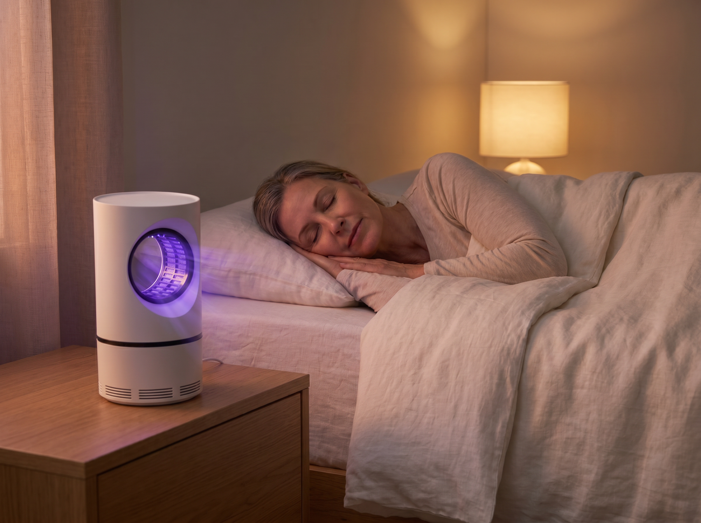 Woman sleeping peacefully with MousKill glowing softly on the nightstand