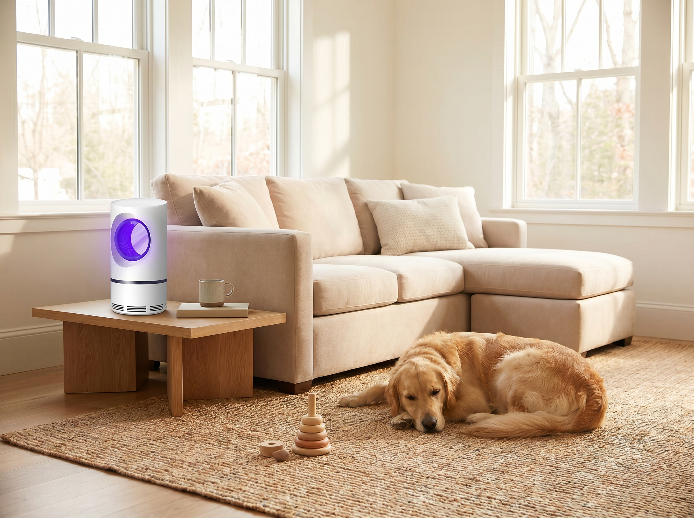 Bright family living room with MousKill, golden retriever, and child's toy