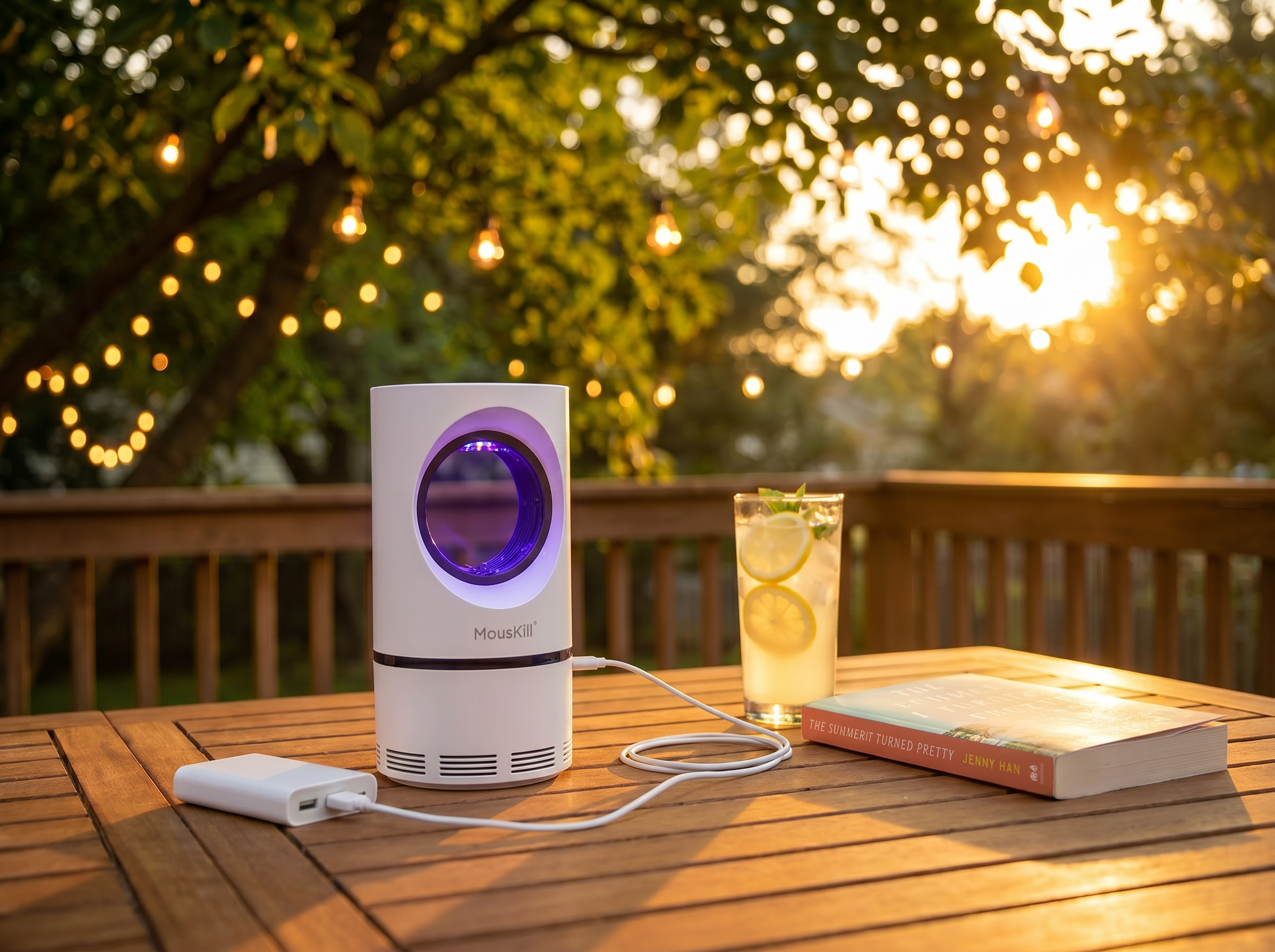 MousKill on a patio table at golden hour with USB power bank