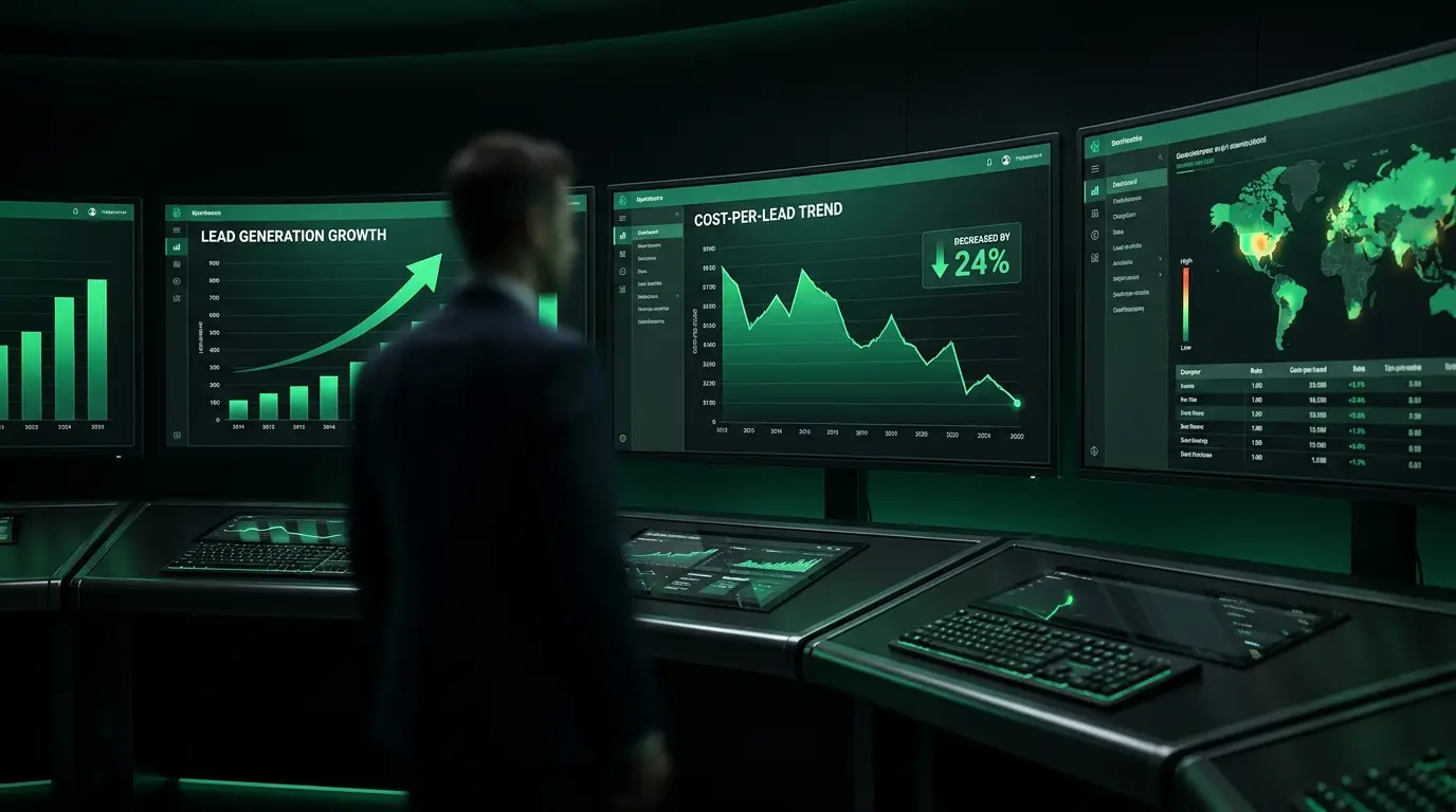 Ad campaign performance dashboard showing CPL and revenue results