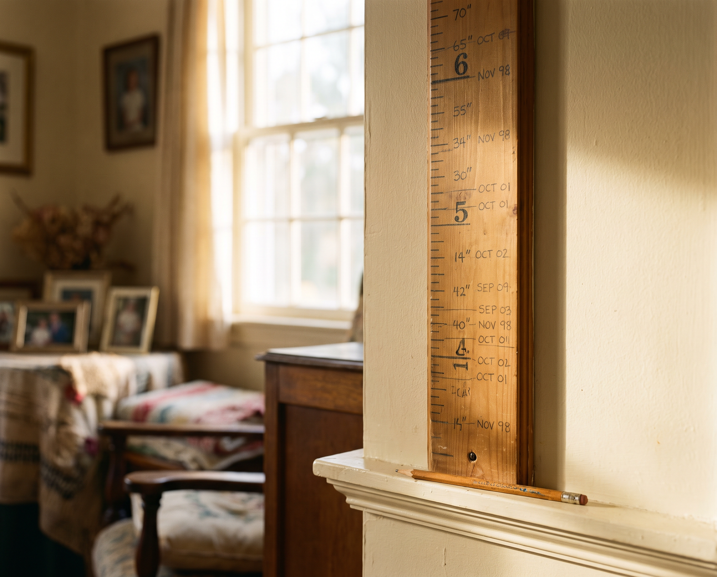 Growth chart on a wall, pencil marks