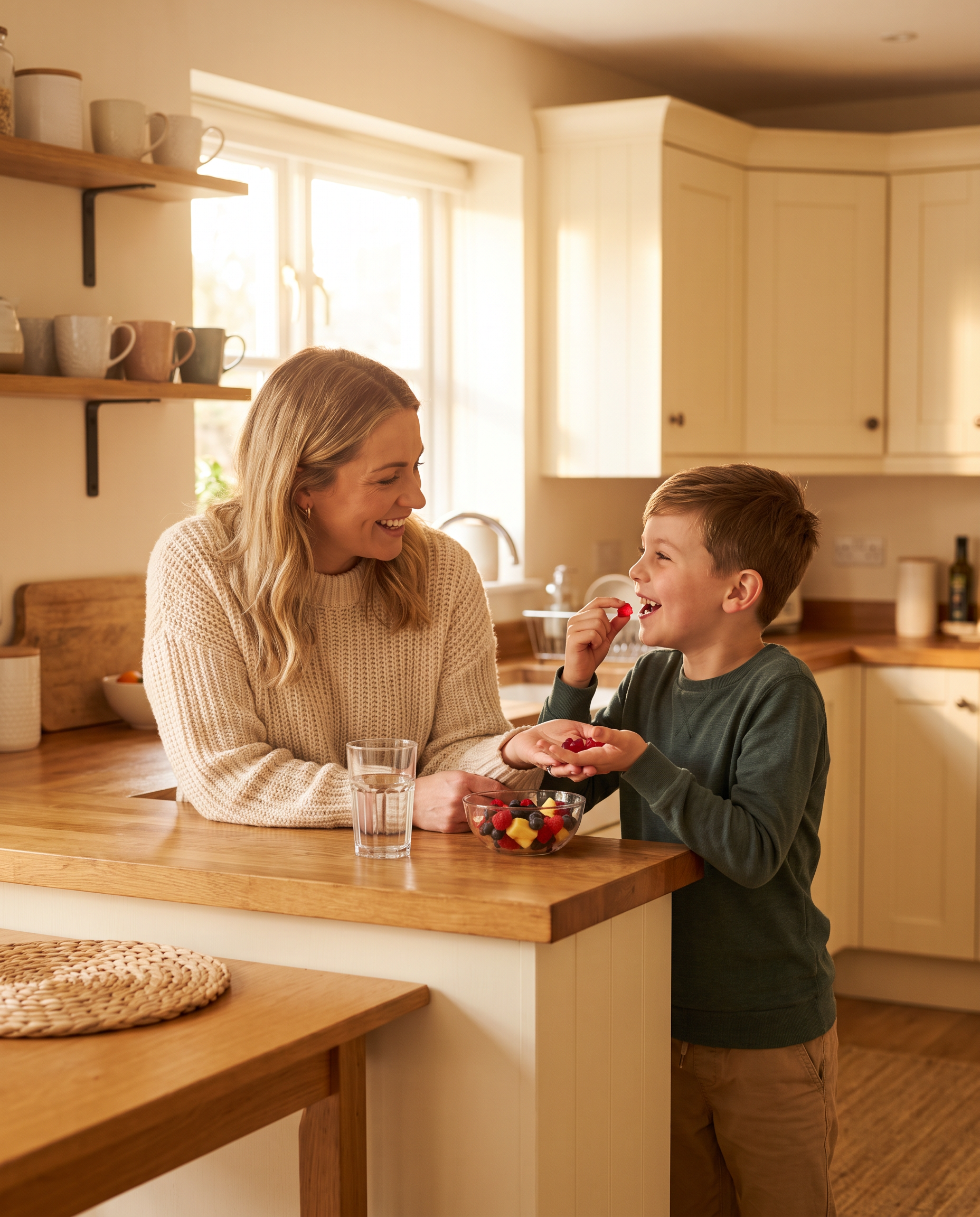 Parent and child, warm morning kitchen light