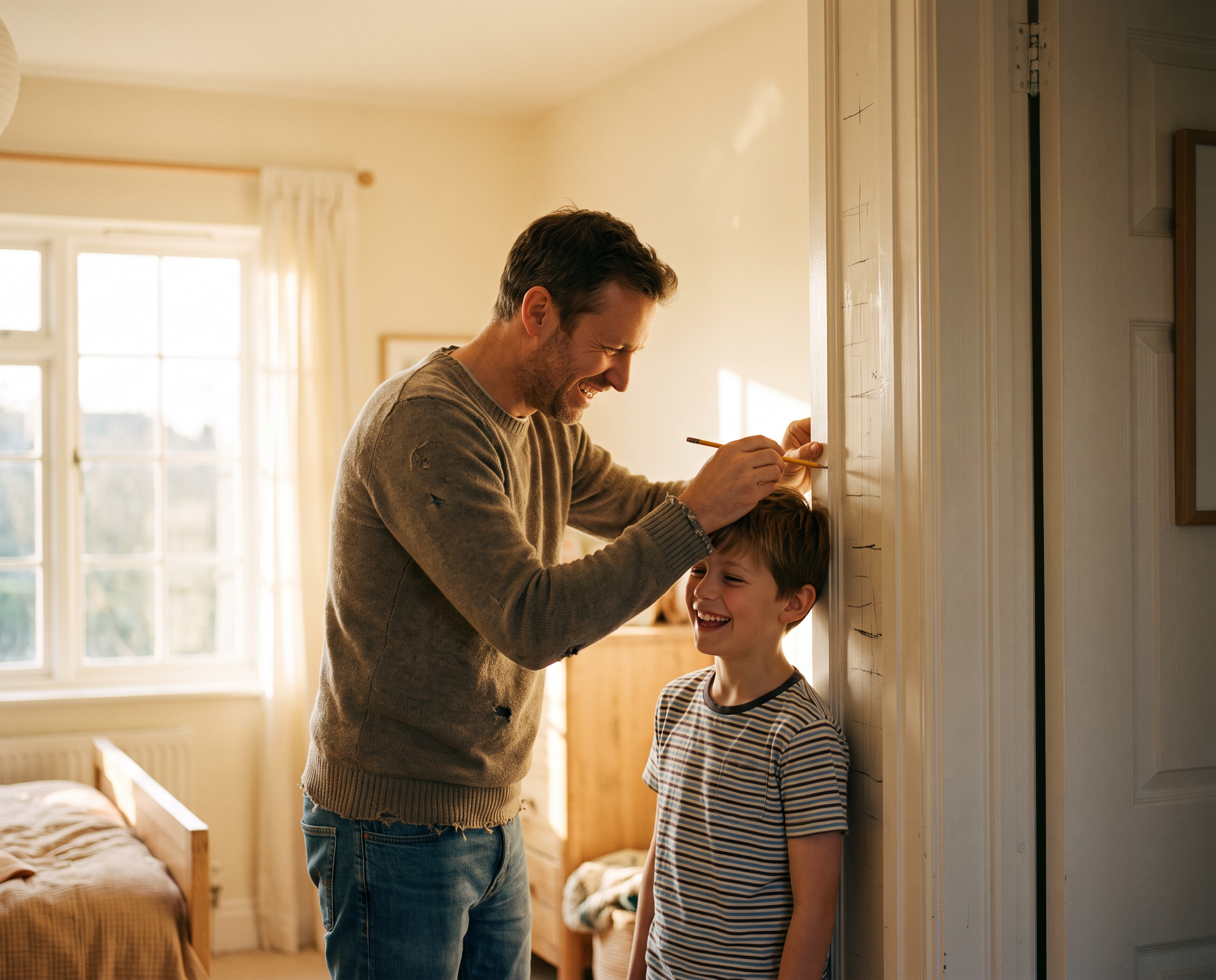 Kid being measured against a doorframe
