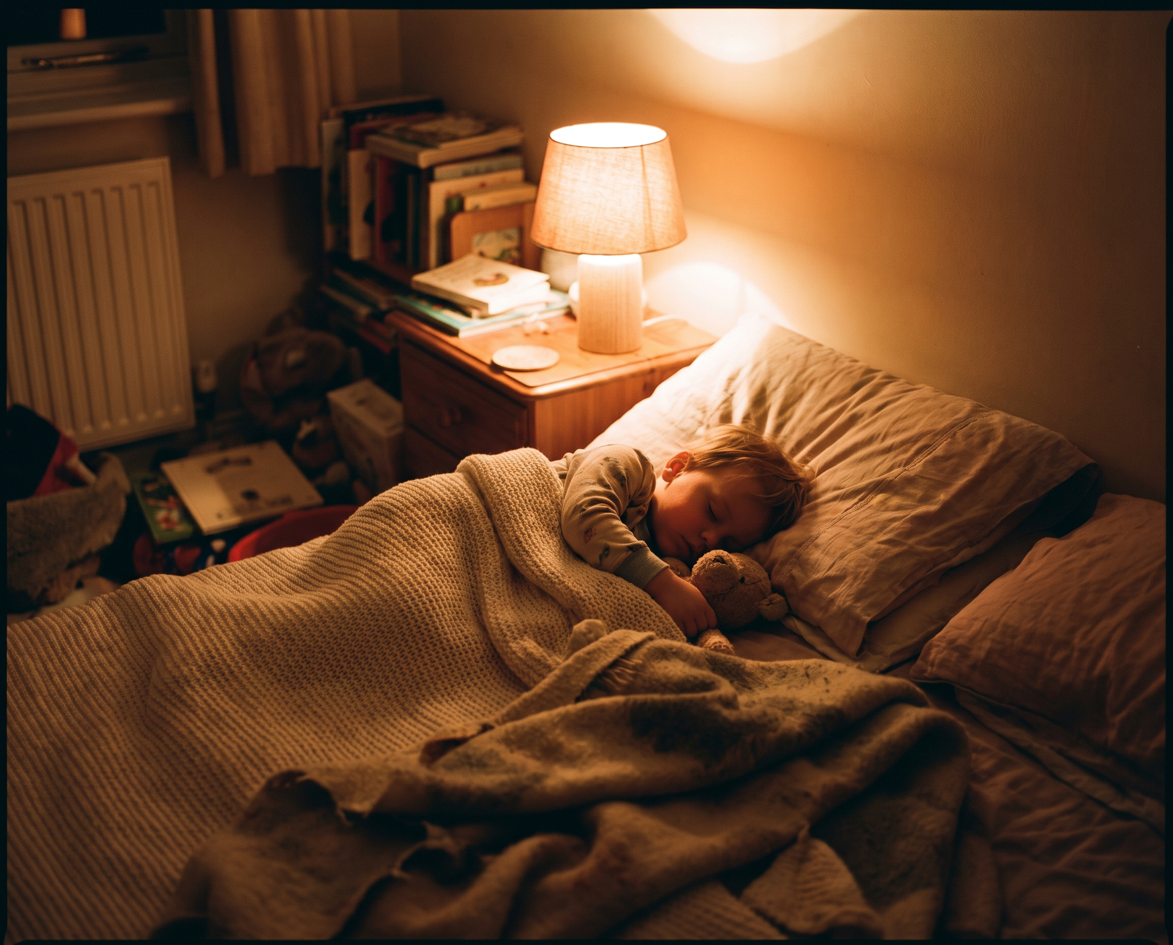 Child asleep, warm lamp light