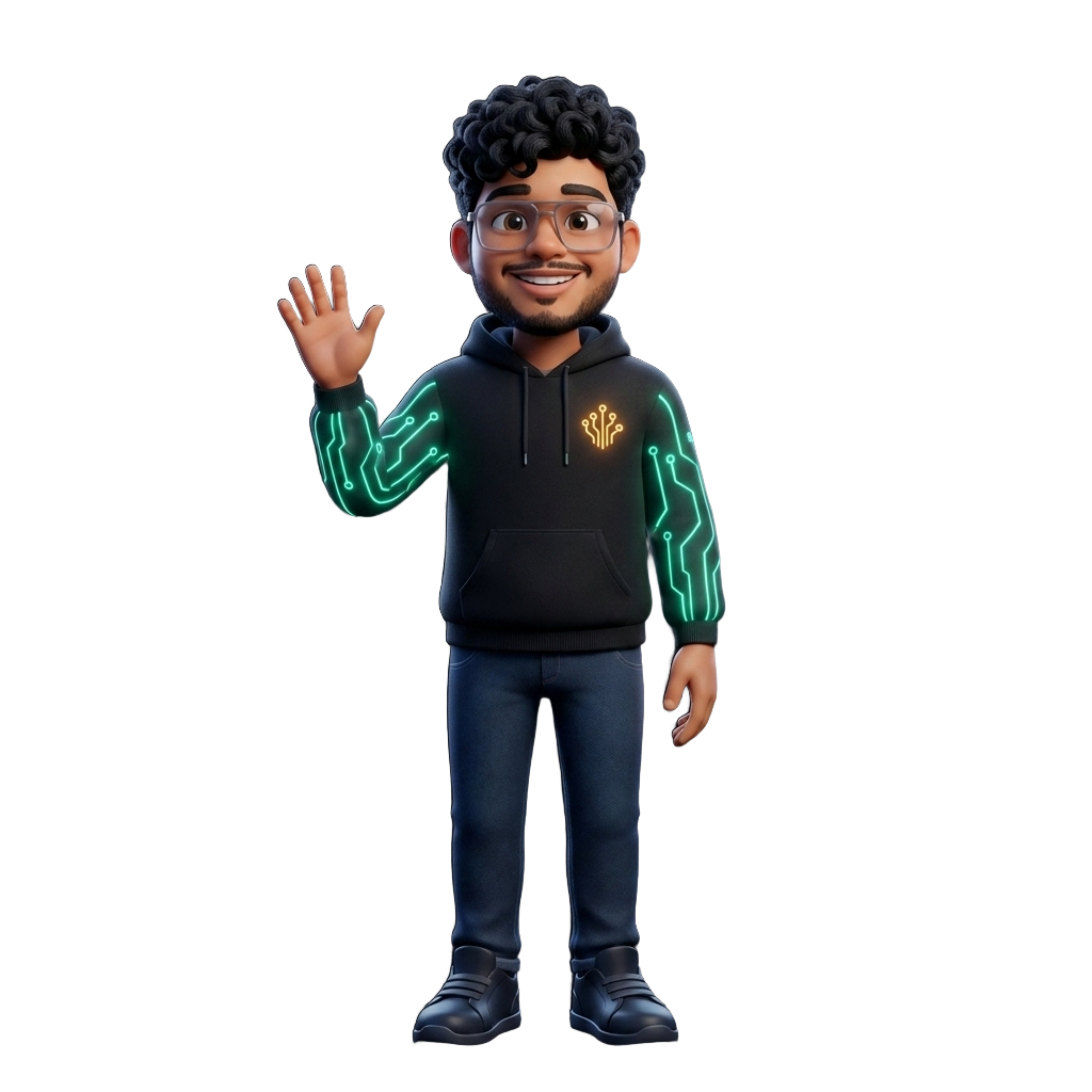 Stylized 3D character of K Mohan Krishna waving