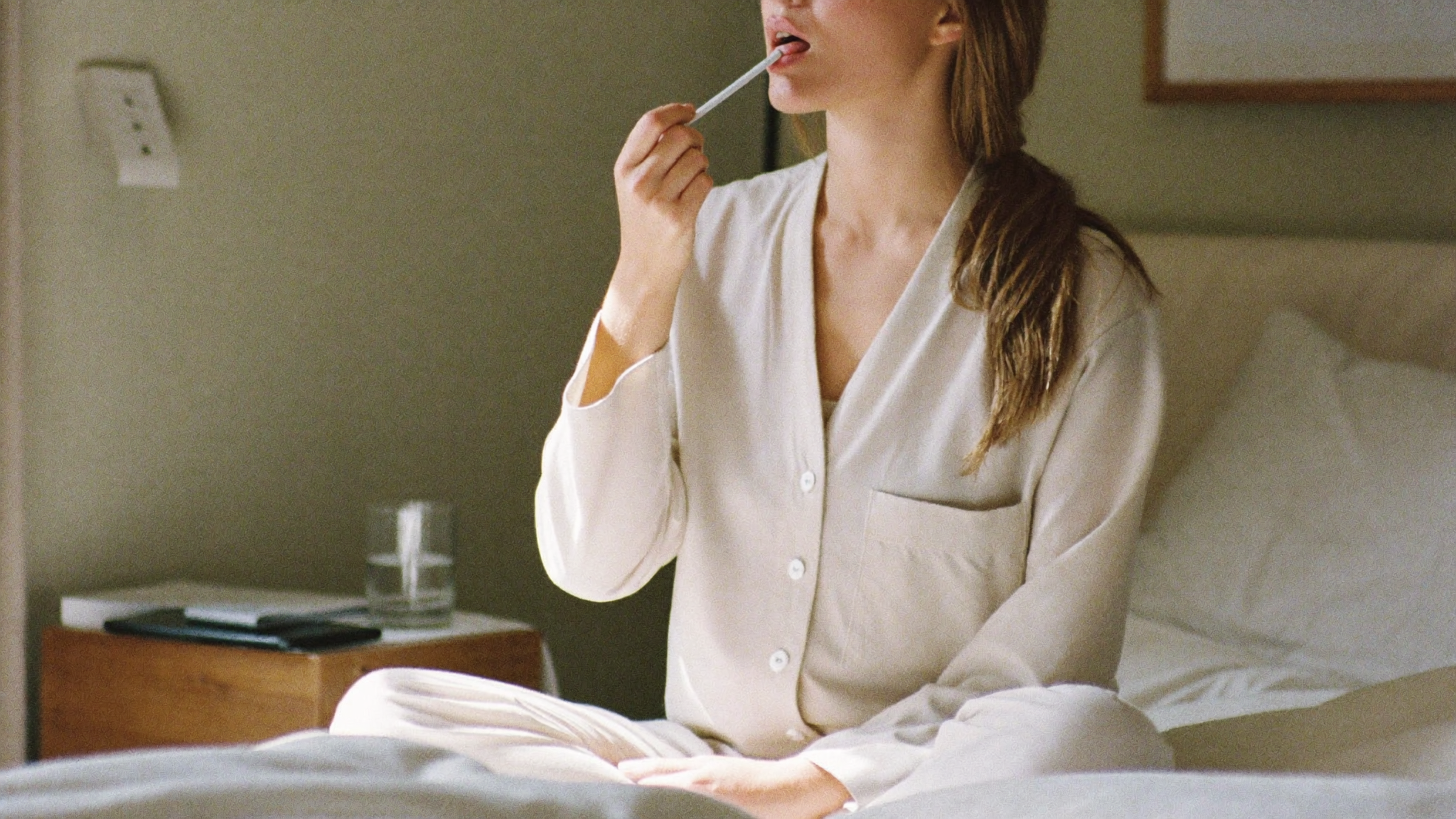 Woman taking her basal body temperature in the morning before getting out of bed
