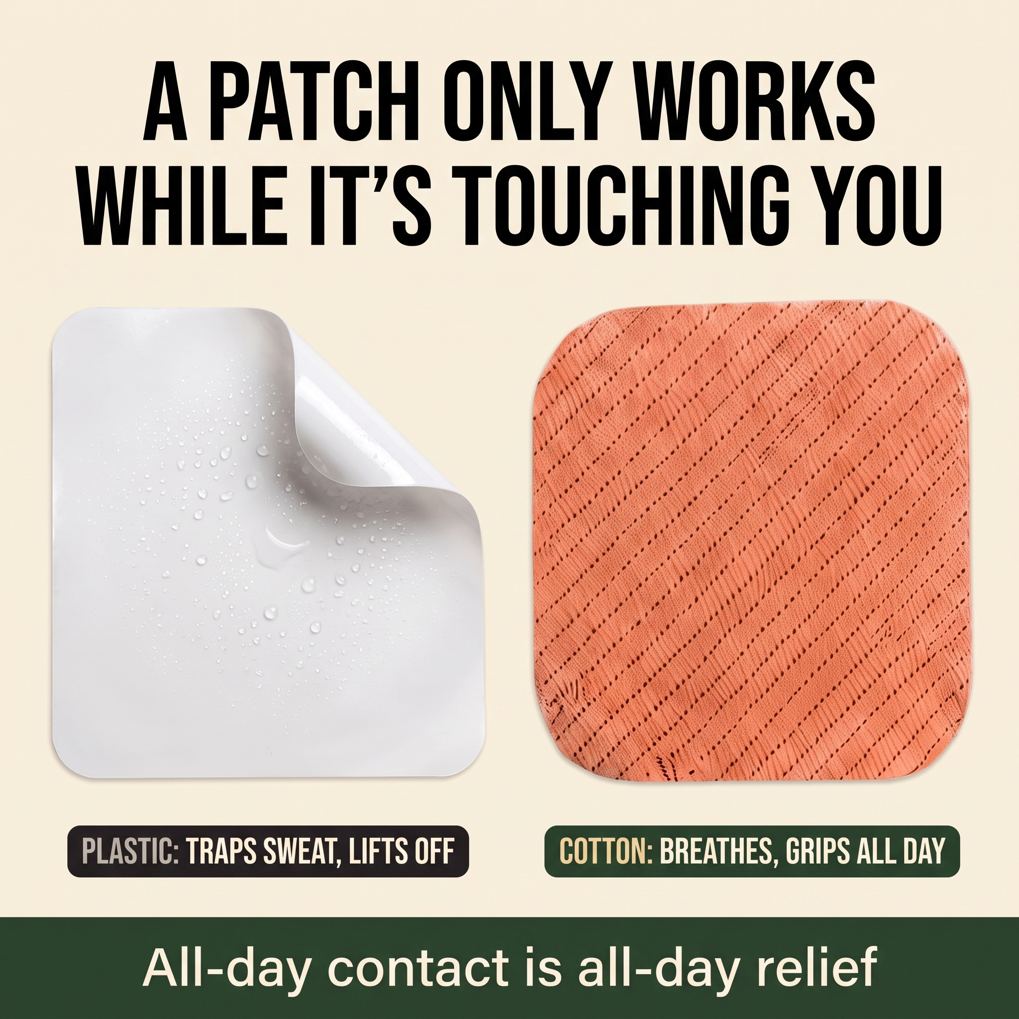 Plastic traps sweat and lifts off — cotton breathes and grips all day