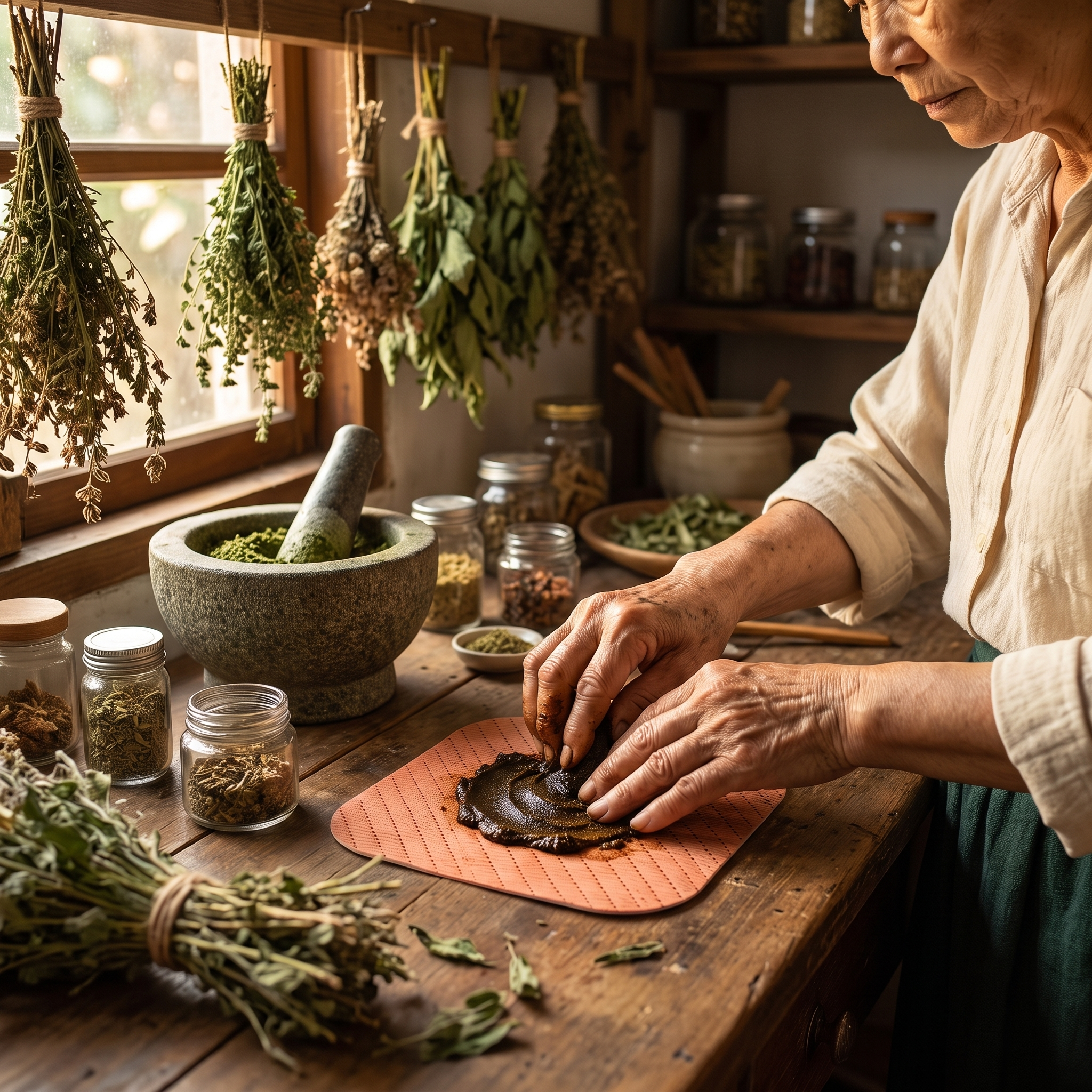 The remedy prepared by hand at a wooden workbench