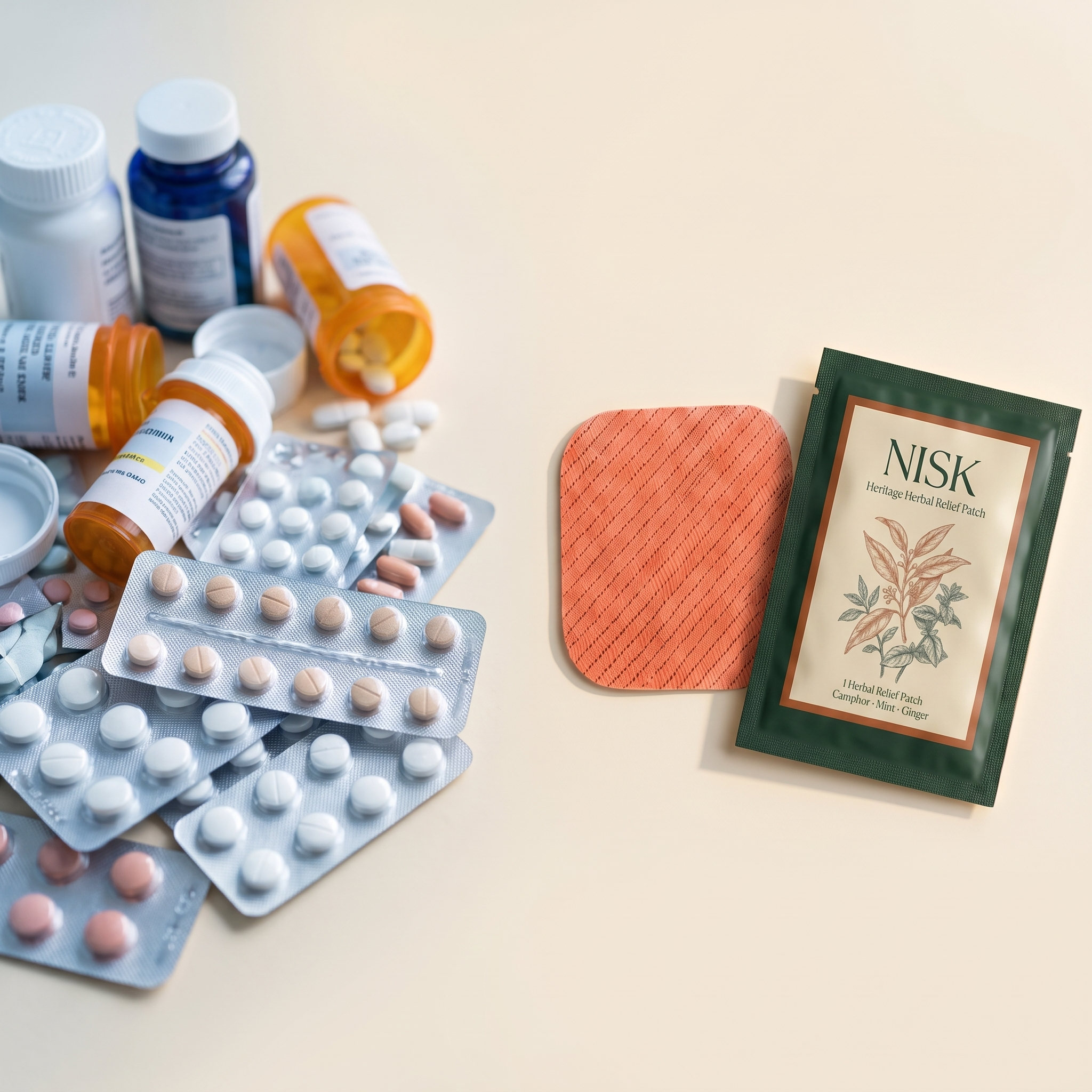 A pile of pill bottles next to one simple patch
