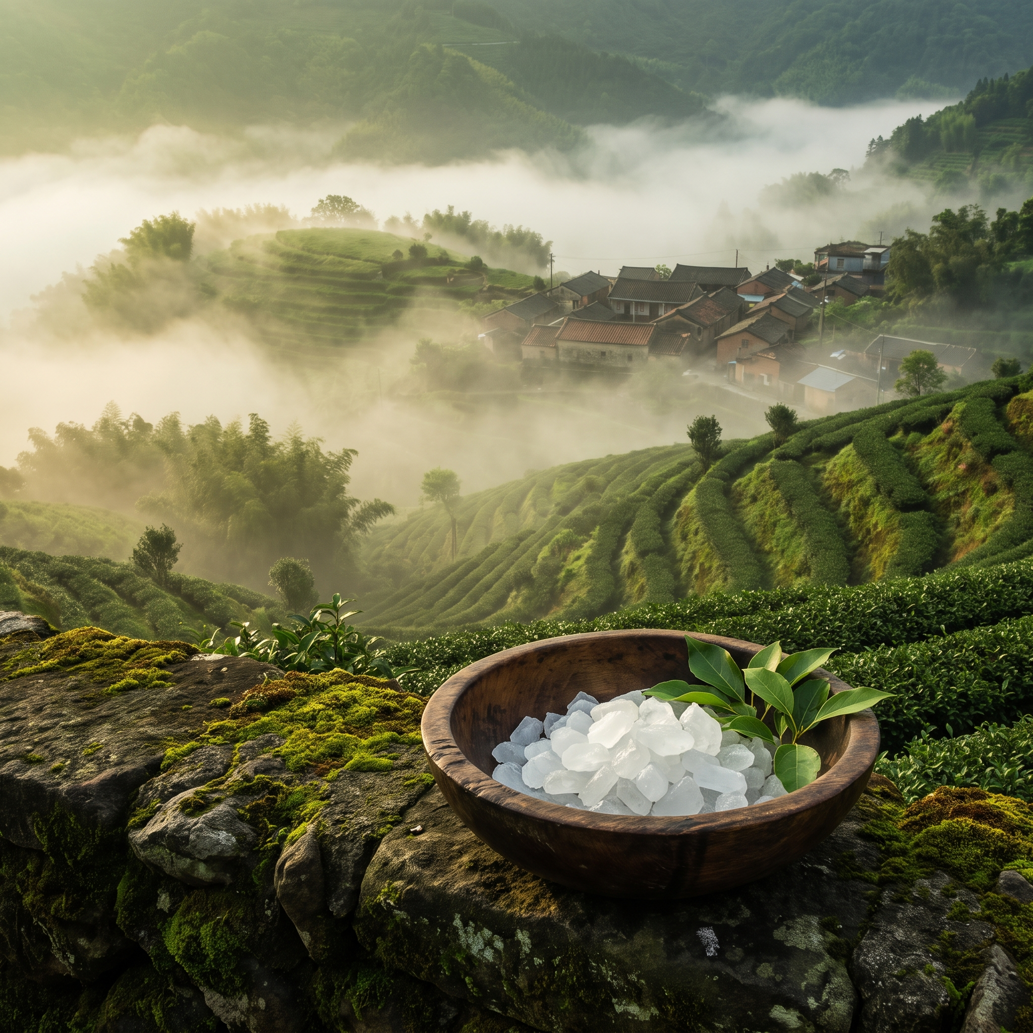 Camphor crystals and leaves in the misty hills of Taiwan