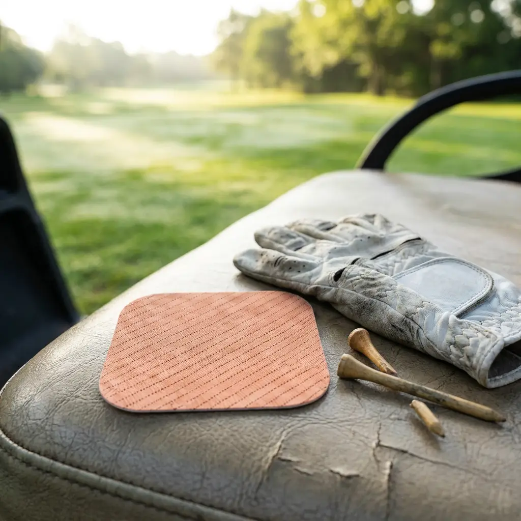 NISK herbal back pain patch on a golf cart seat with glove and tees