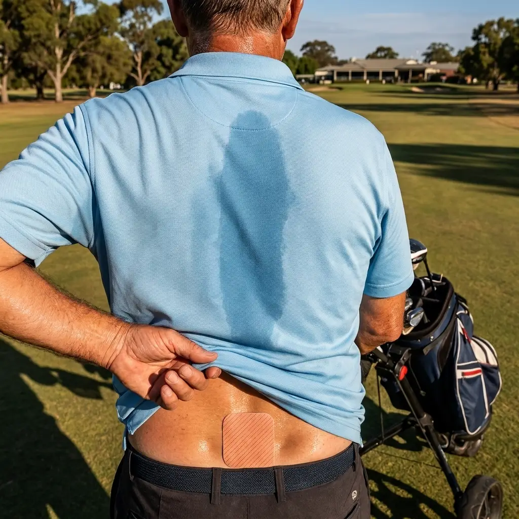 NISK patch still flat on a golfer's lower back late in a hot round