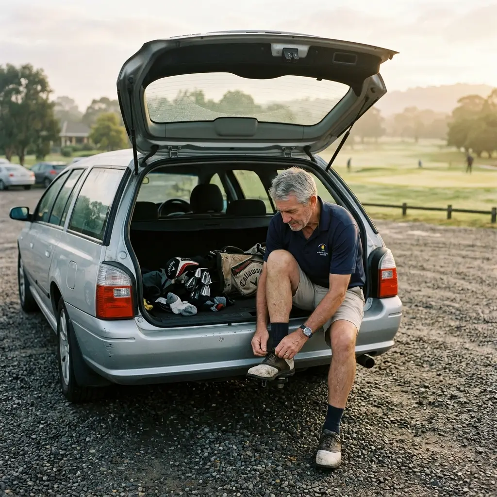 Golfer tying his shoes easily at dawn before a round