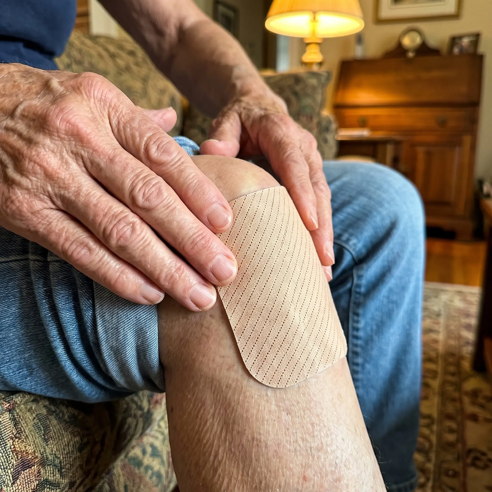 Pressing the patch onto the knee