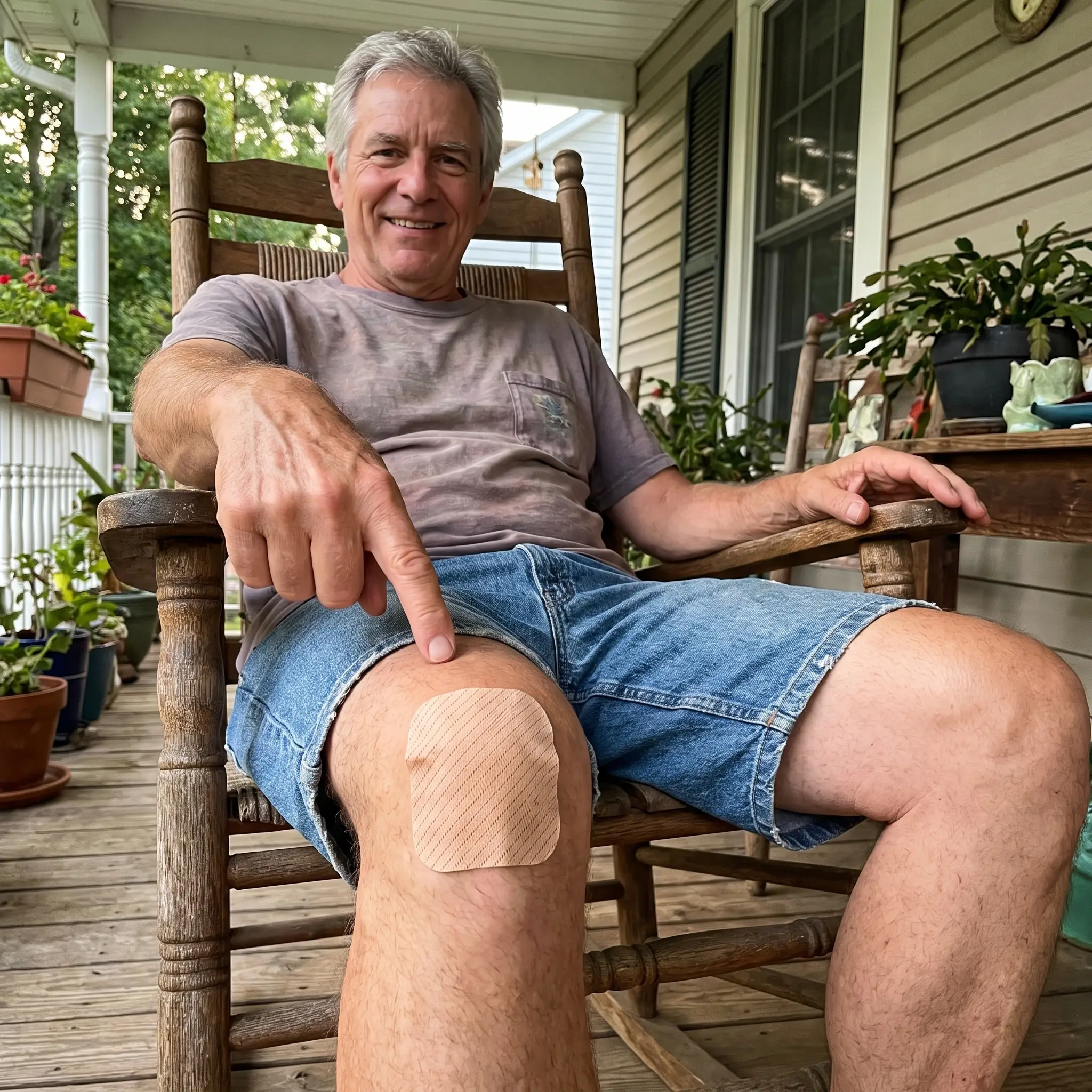 Rick showing the patch on his knee on the porch