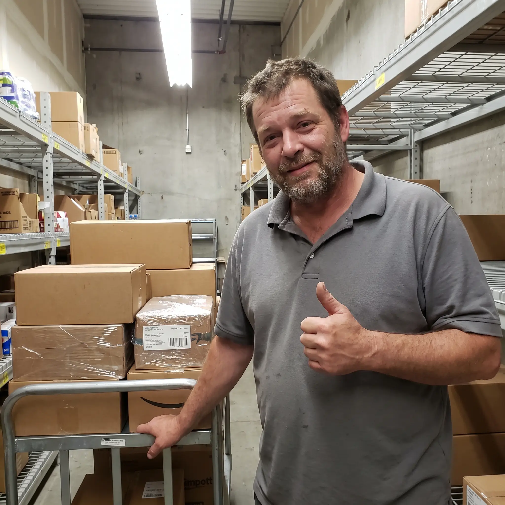 Mike on shift in the stockroom
