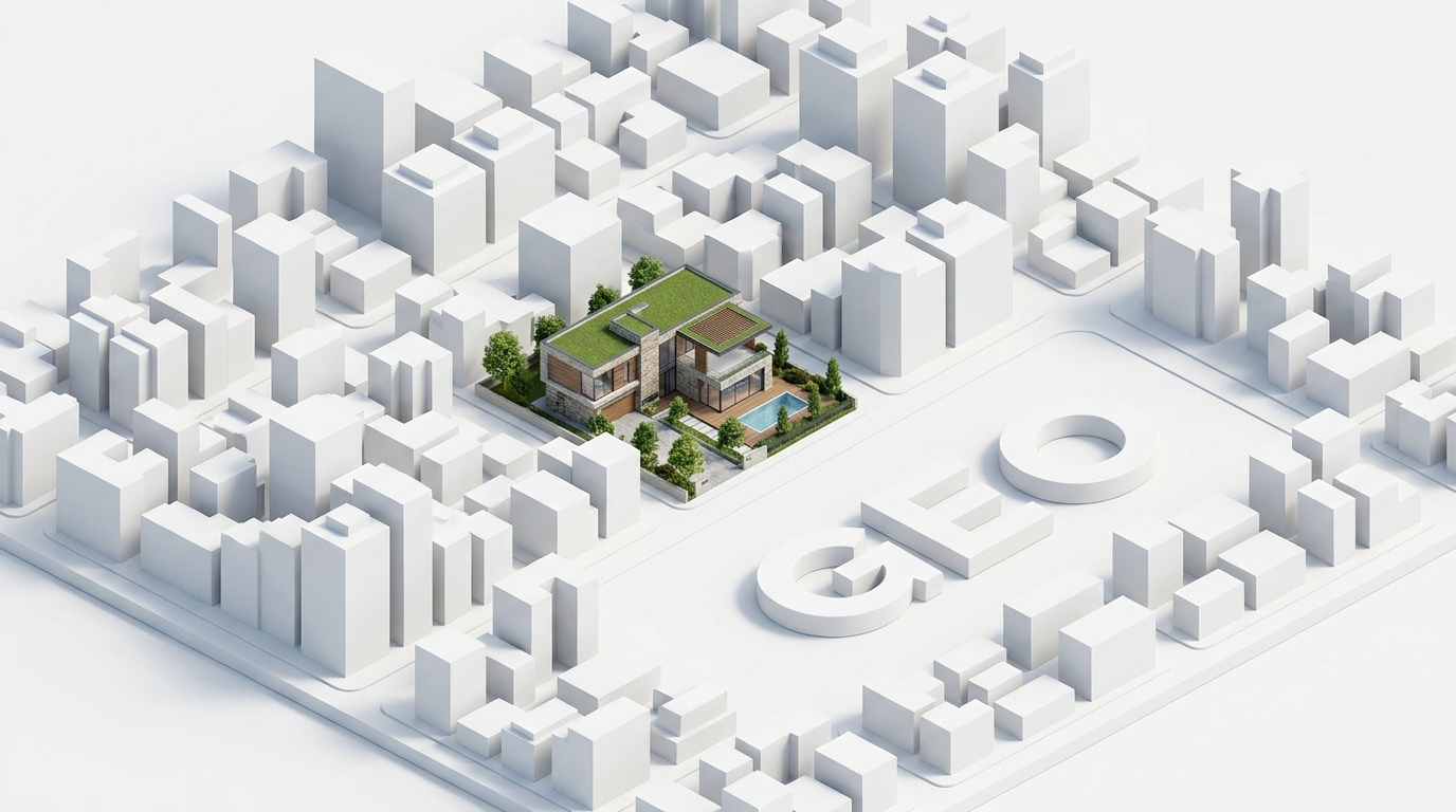 GEO agencies — aerial neighbourhood render with GEO lettered on the street