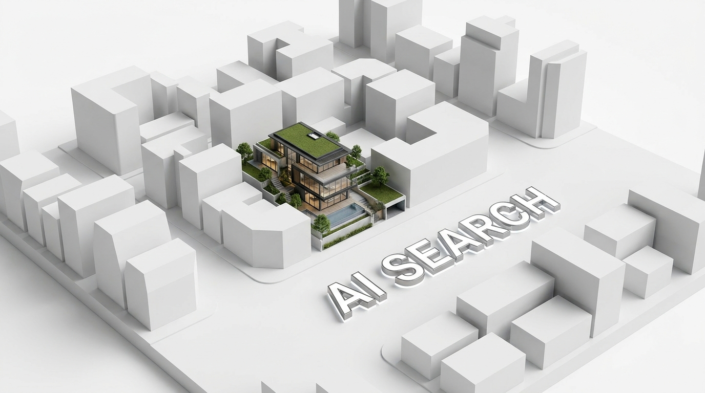 Aerial isometric 3D architectural neighbourhood model with AI SEARCH lettered on the street between white building blocks