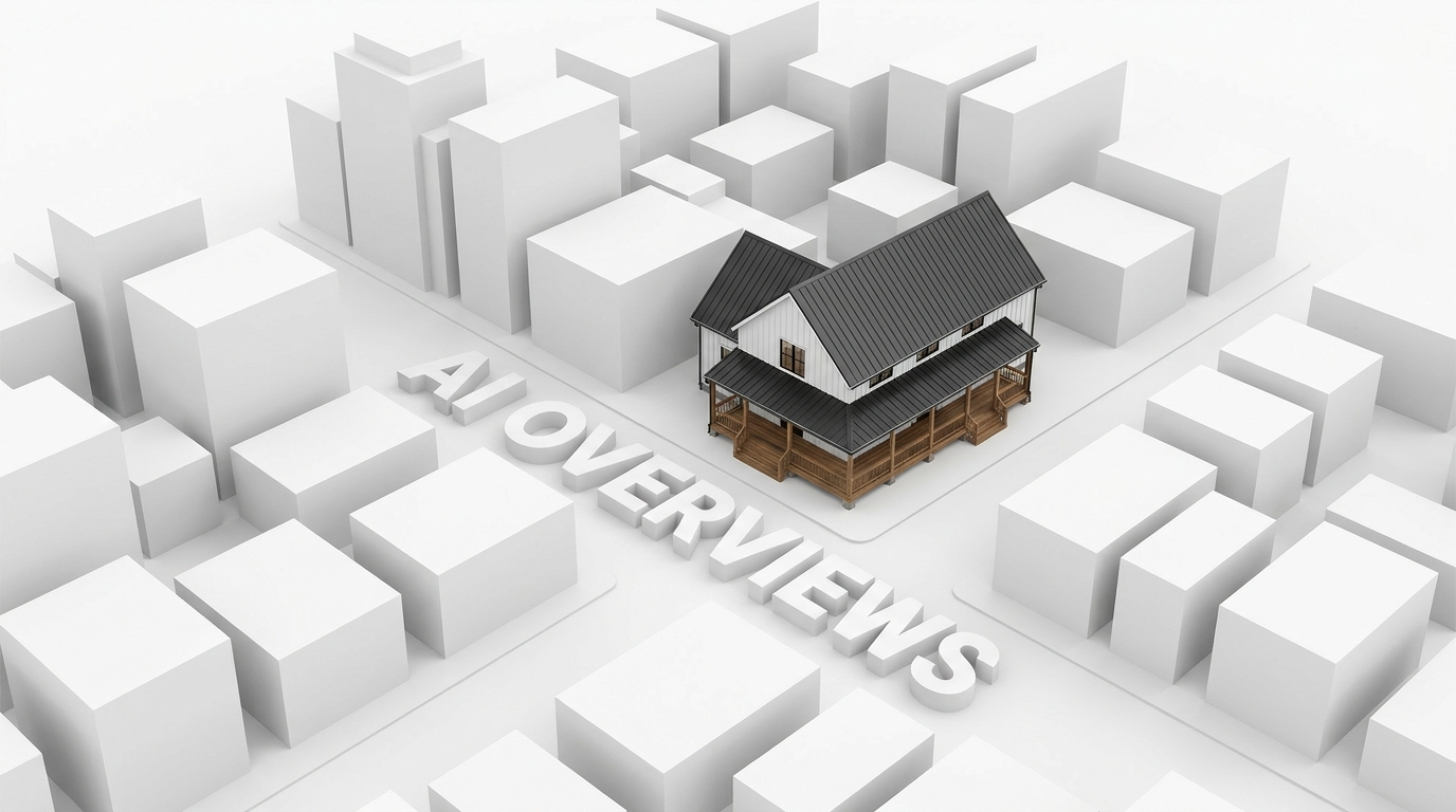 AI Overviews — aerial neighbourhood render with a modern farmhouse and AI OVERVIEWS lettered on the street