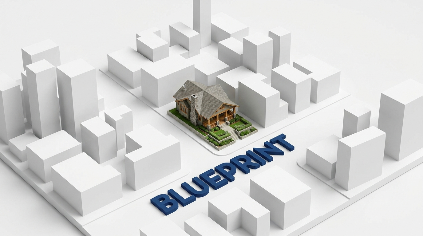 5-Page Blueprint — aerial neighbourhood render with a craftsman bungalow and BLUEPRINT lettered on the street