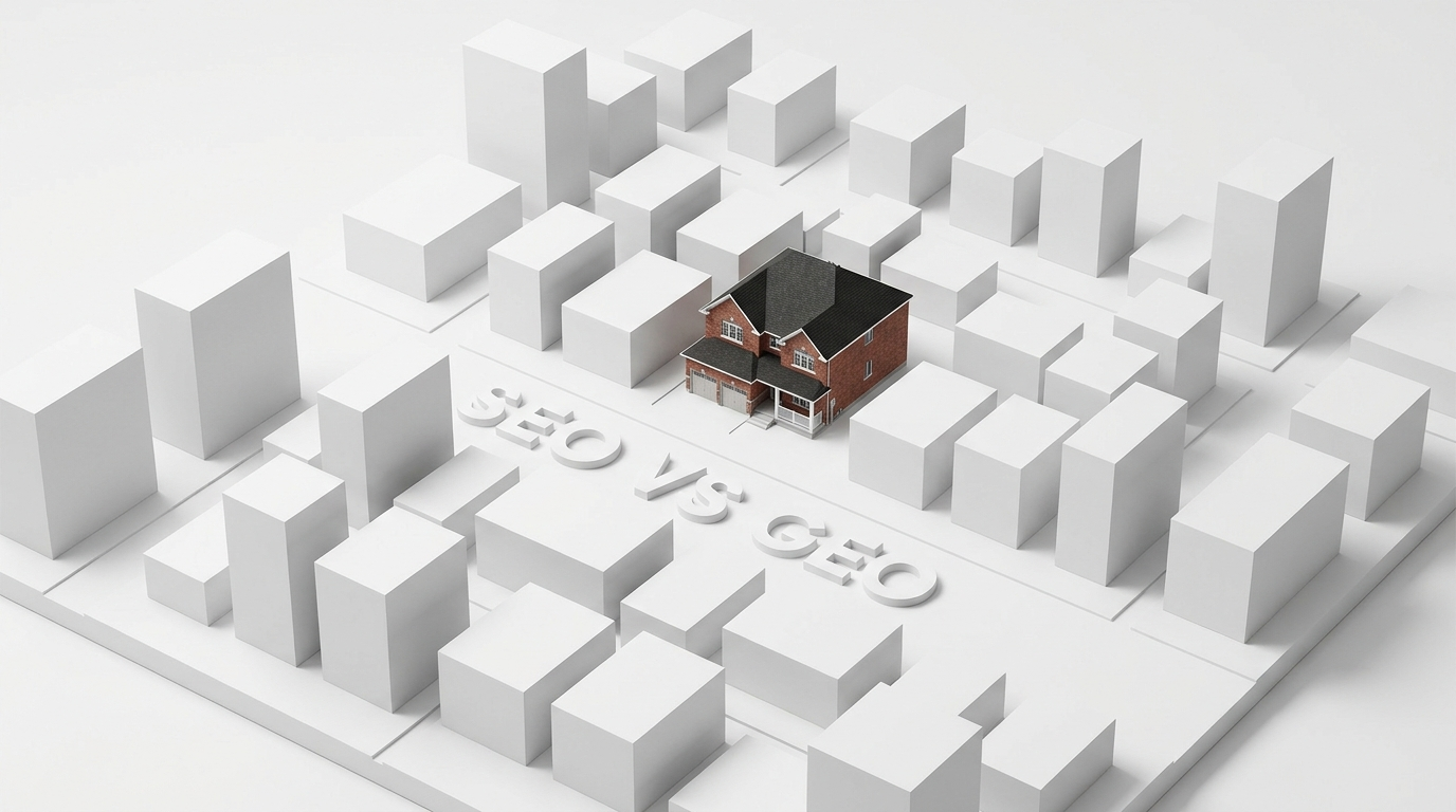 SEO vs GEO — aerial neighbourhood render with a typical Canadian brick home and SEO VS GEO lettered on the street