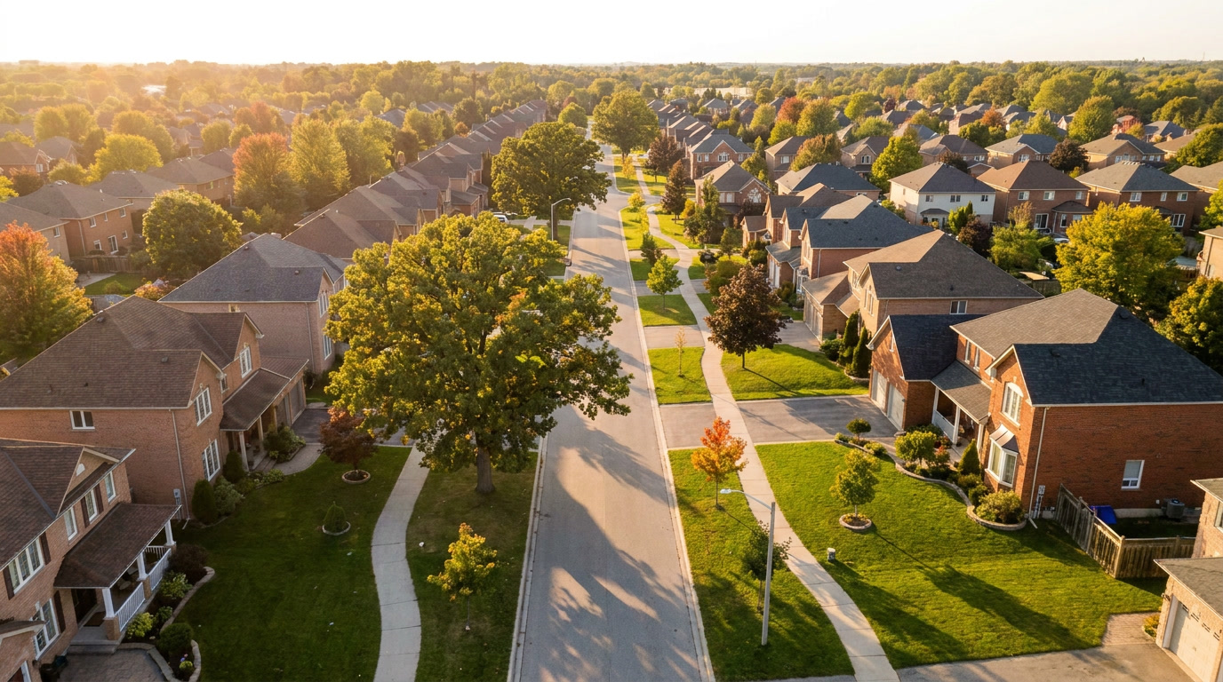 Aerial view of a quiet Canadian residential street lined with mature trees and detached homes, golden hour lighting