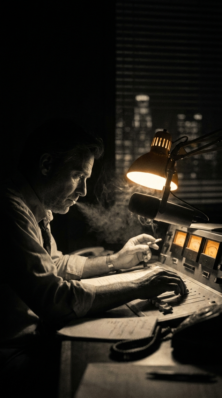 Velvet Static — a radio host alone in a sodium-lit broadcast booth