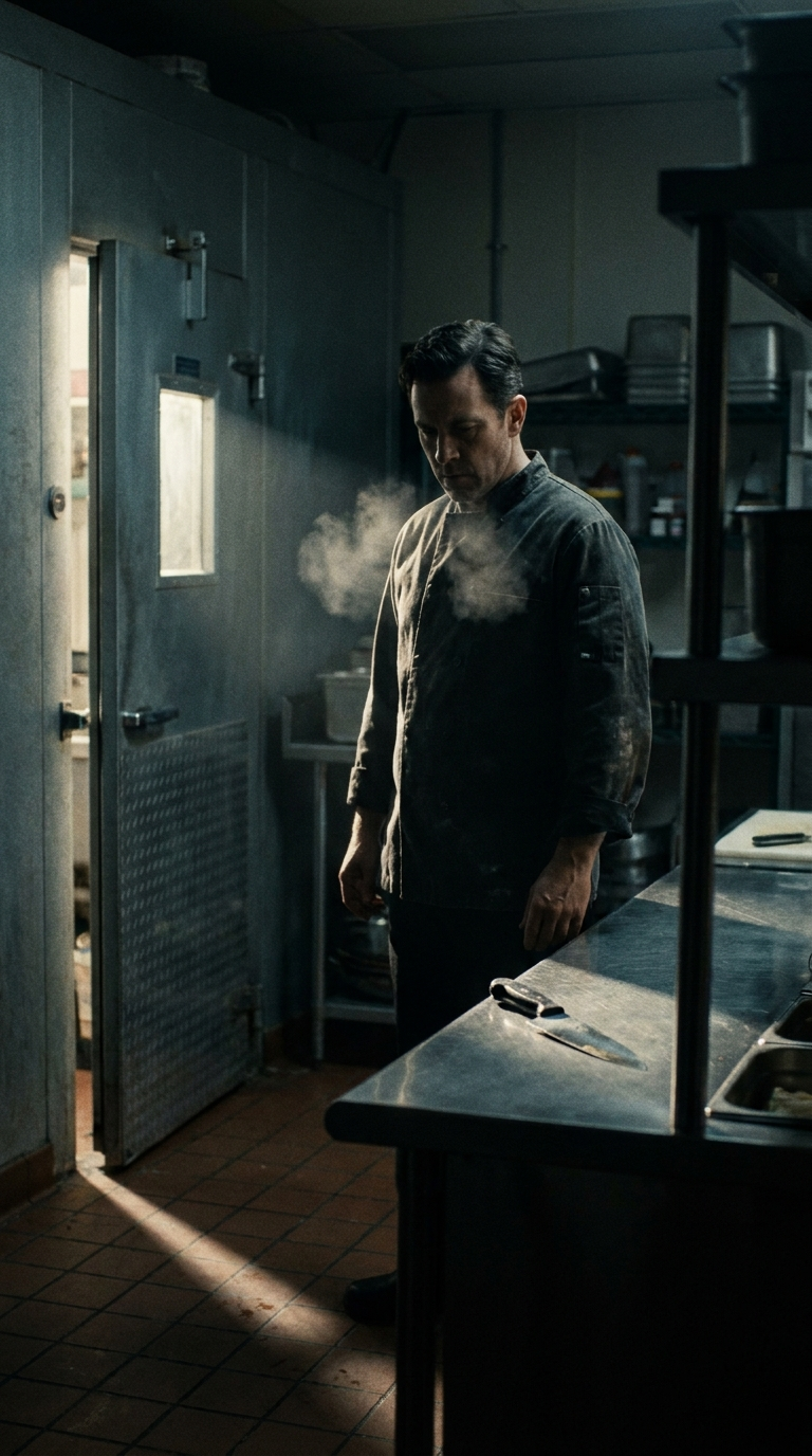 Cold Open — a chef alone in an ice-blue kitchen at 3am