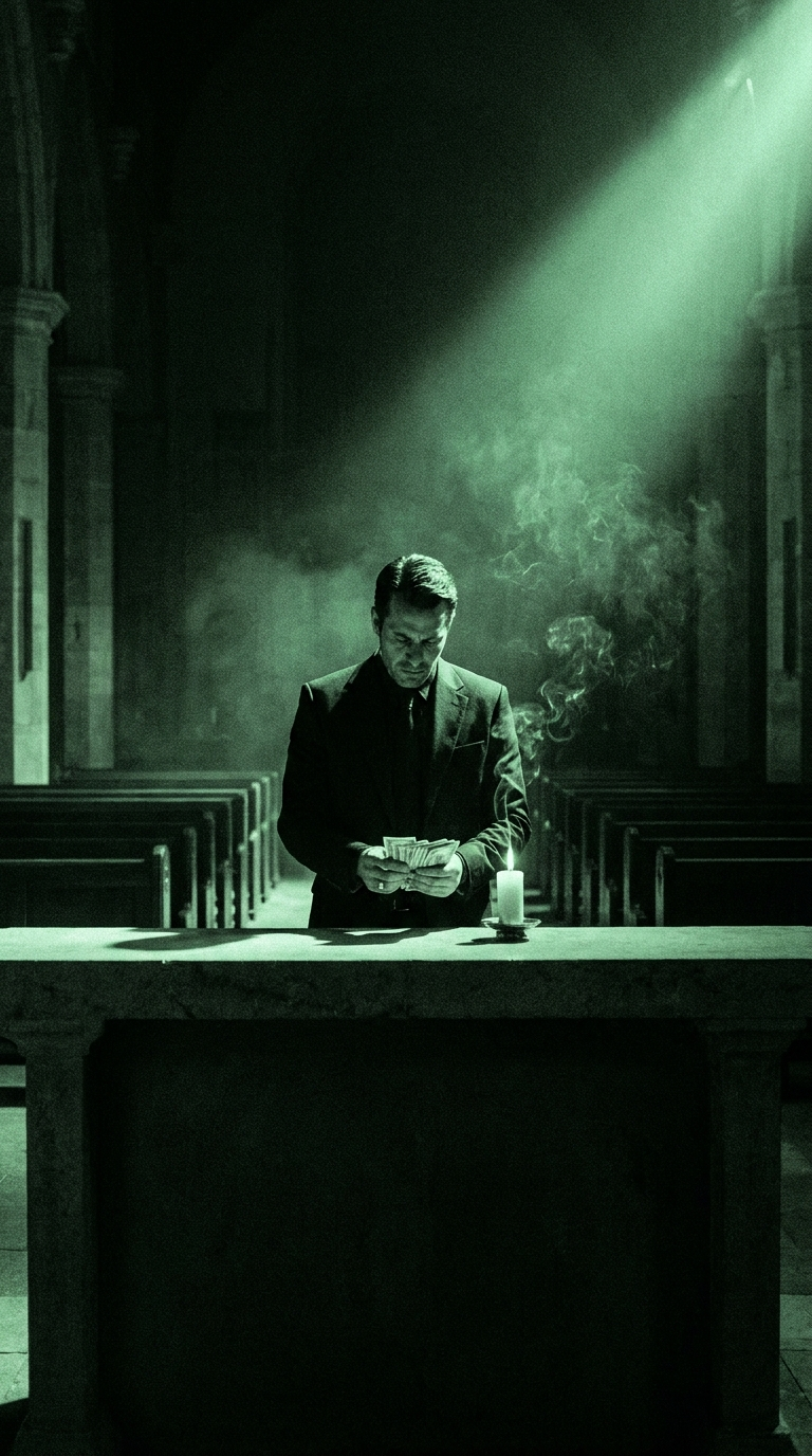 Paper Saints — a suited man counting cash by candlelight in a chapel