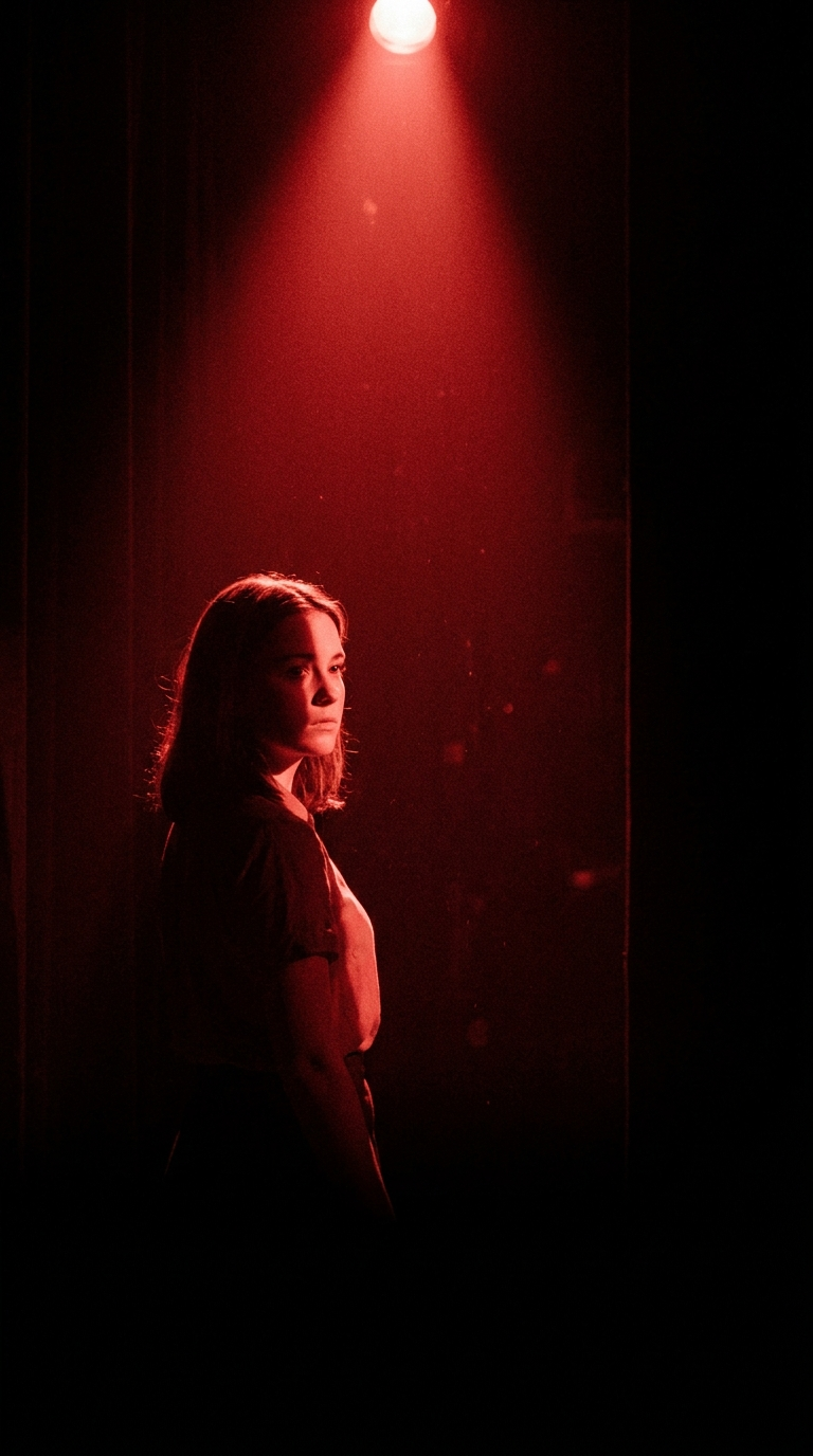 The Understudy — an actress in the wings under a single scarlet stage light