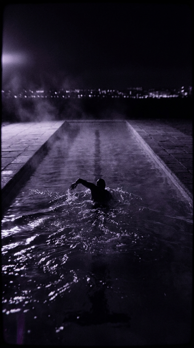 Night Swim — a lone swimmer in an ultraviolet rooftop pool at midnight