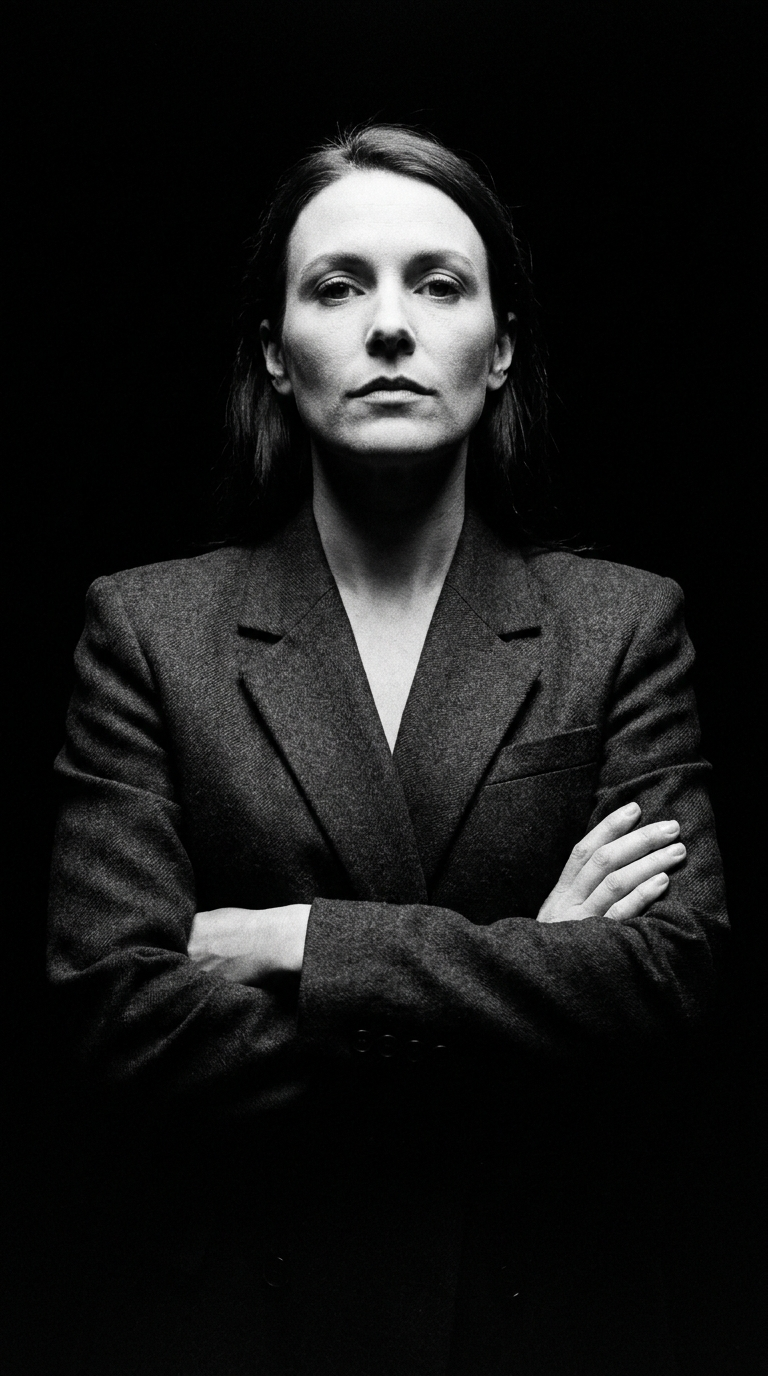 M. Okafor, head of production, arms crossed against black
