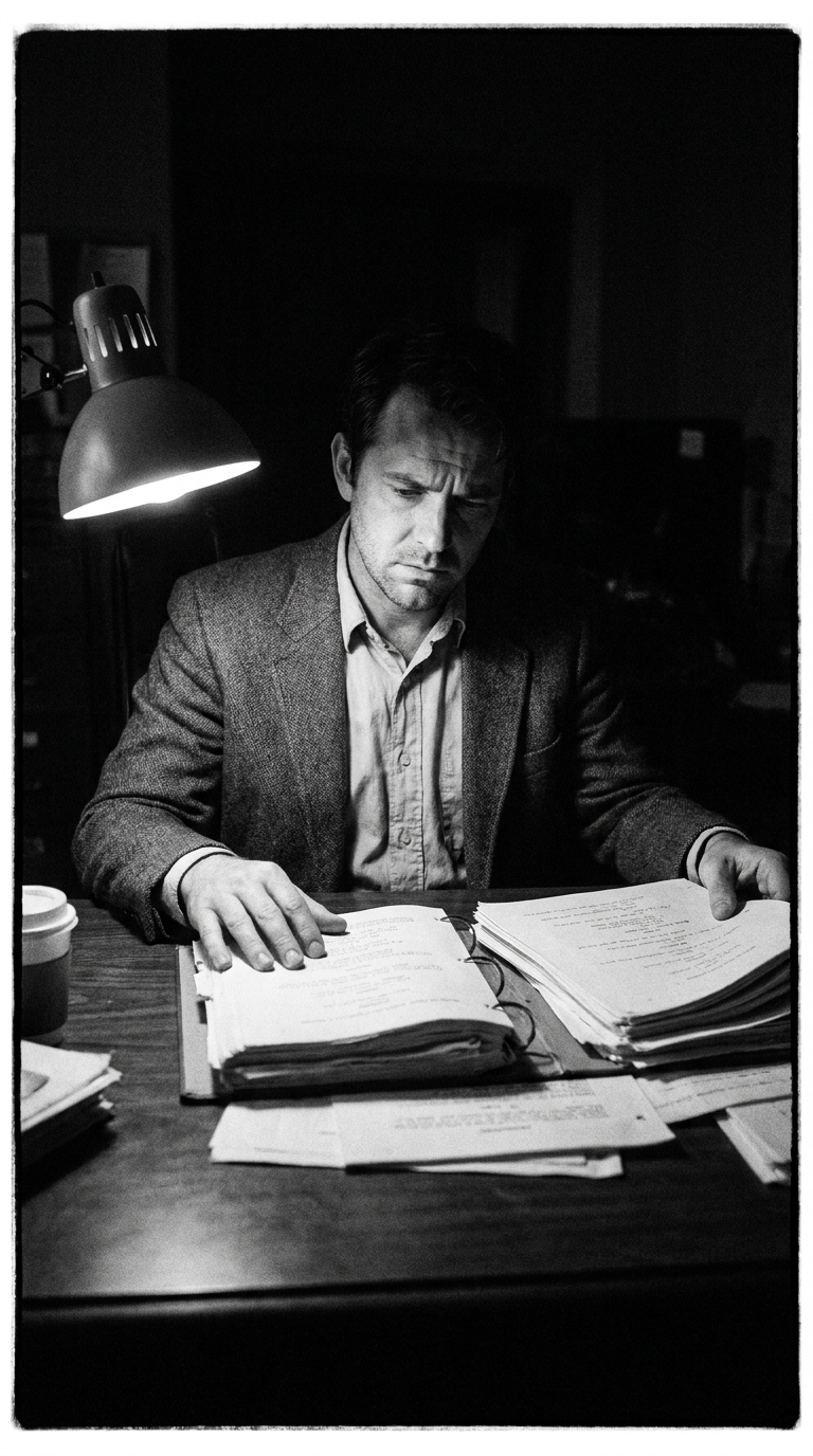 J. Reyes, head of story, reading a script by lamplight