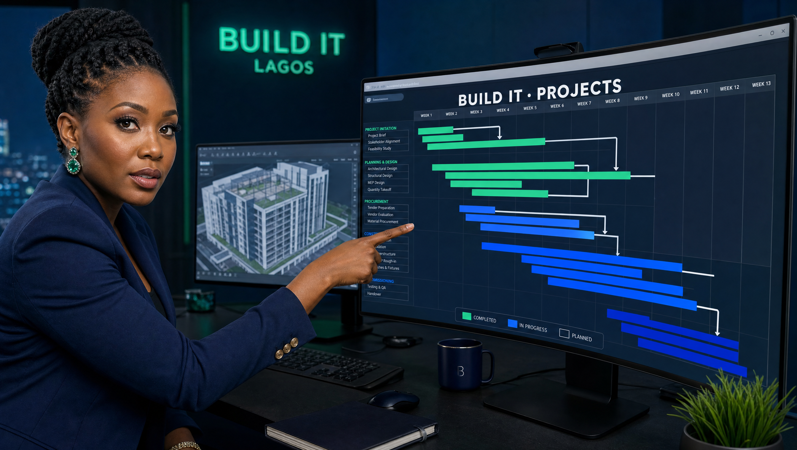Project manager reviewing BUILD IT Gantt and BIM dashboard