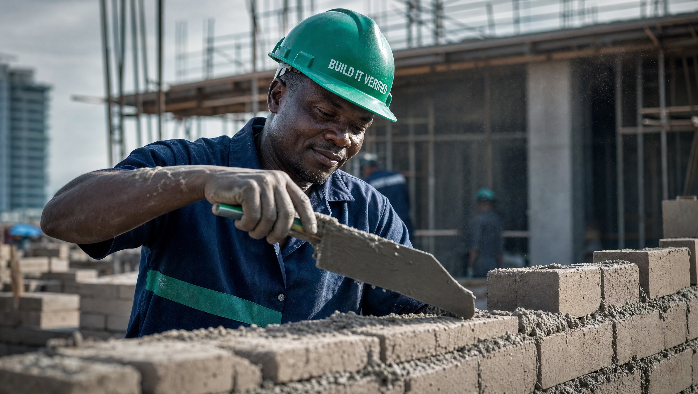 Verified Nigerian mason wearing a BUILD IT VERIFIED hard hat