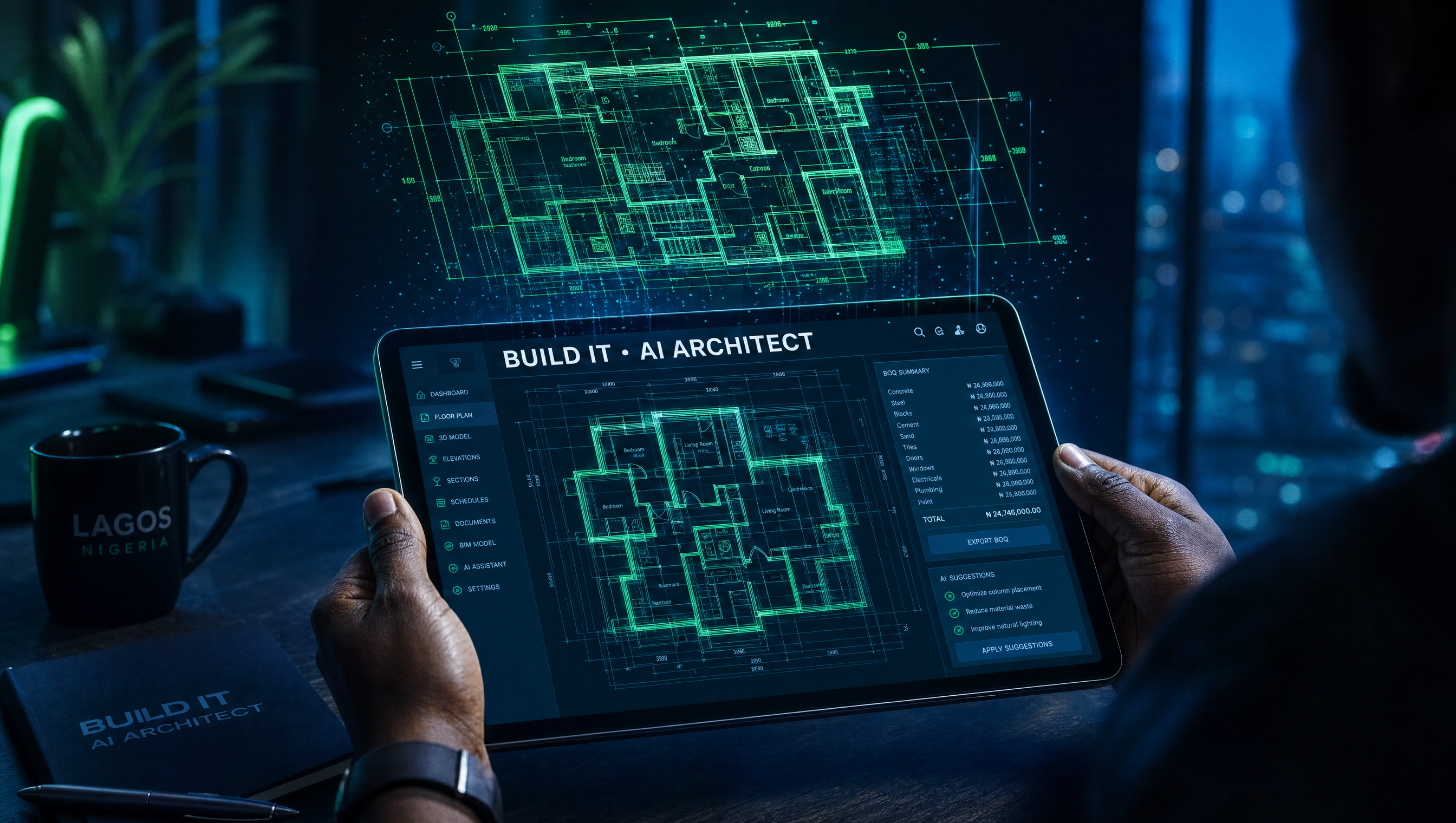 BUILD IT AI ARCHITECT — holographic blueprint above tablet