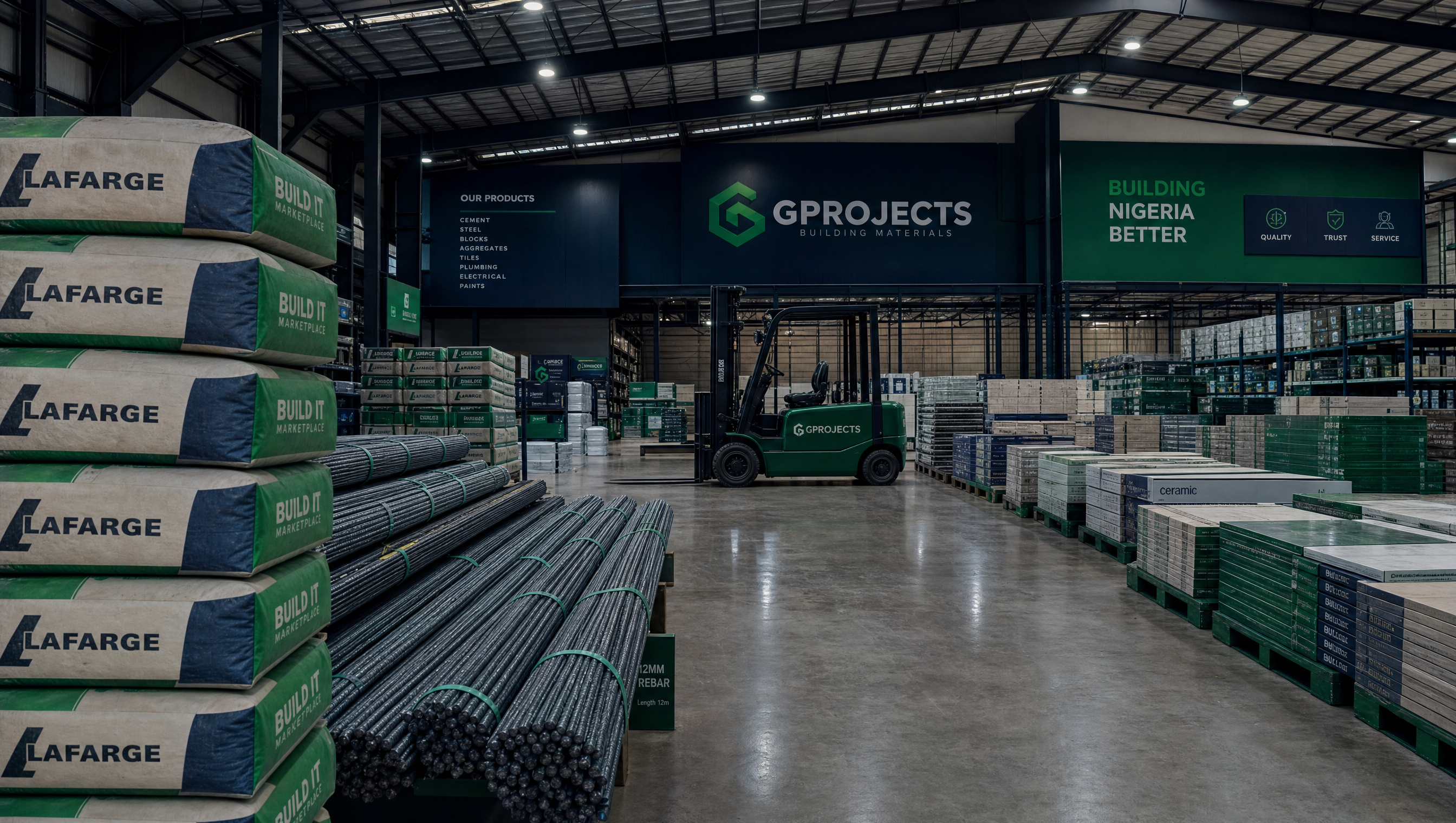 Nigerian building materials warehouse with BUILD IT branding